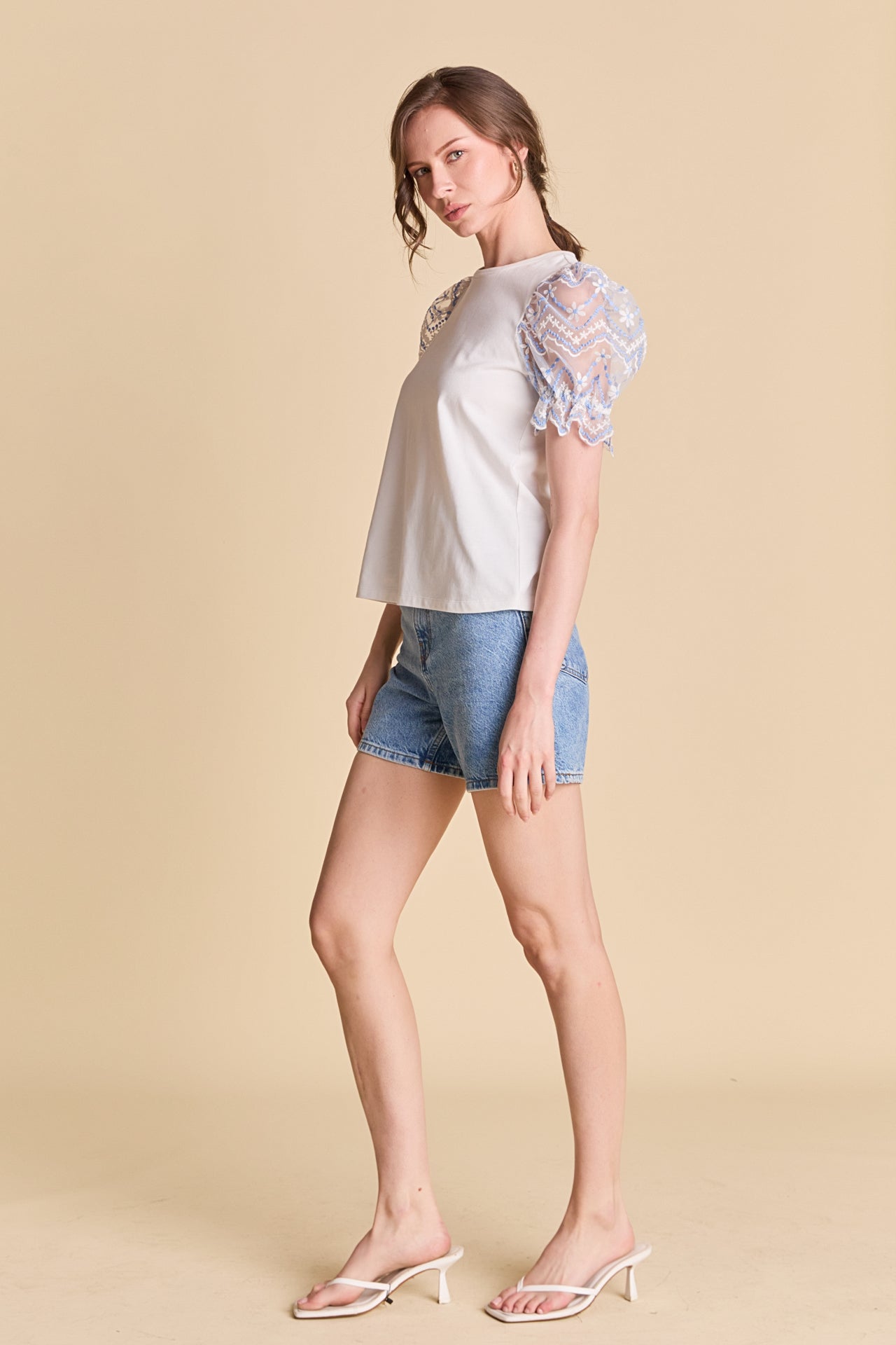 LA'VEN - Embroidery Mixed Media Puff Sleeve Top - TOPS available at Objectrare