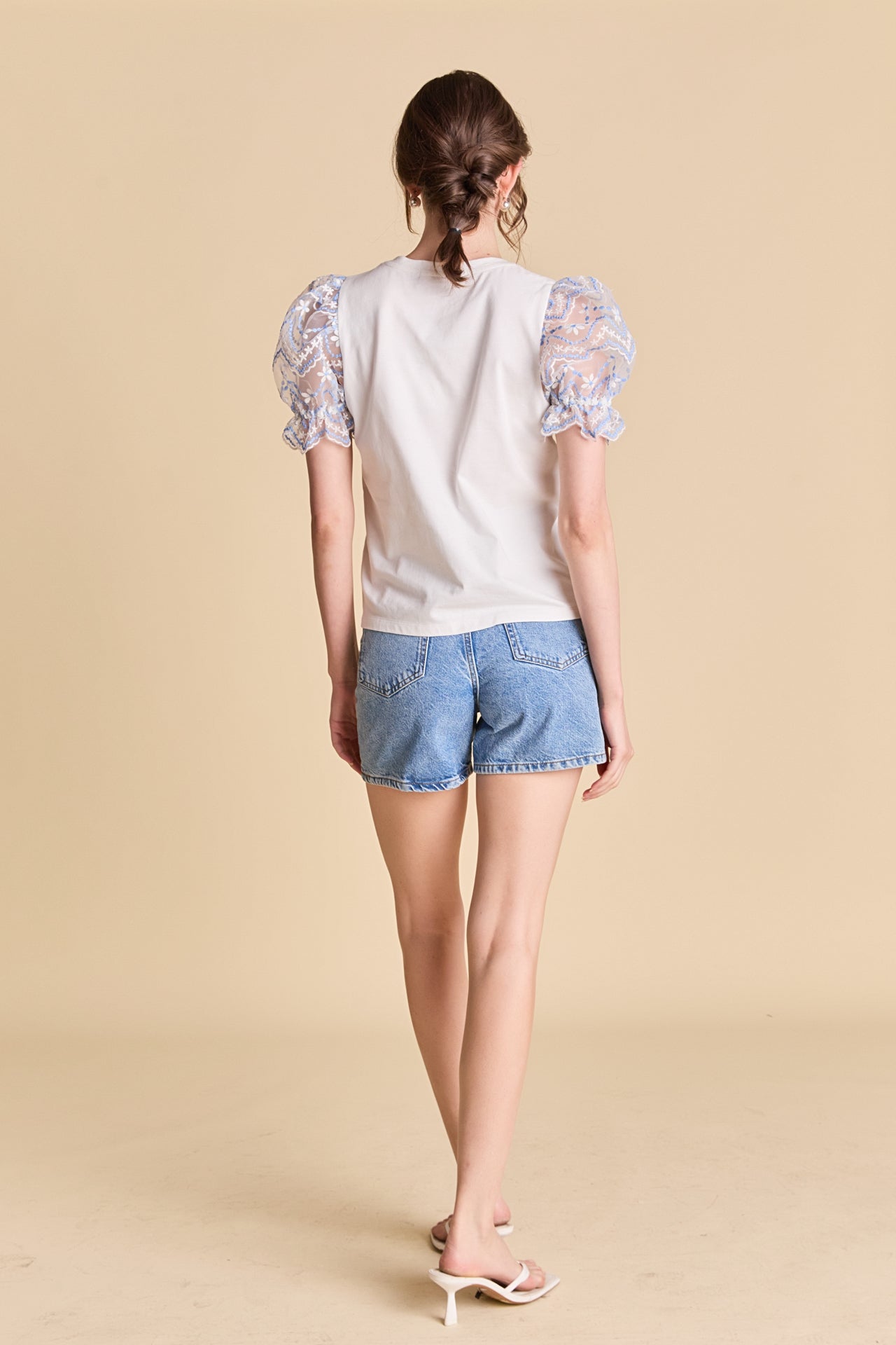 LA'VEN - Embroidery Mixed Media Puff Sleeve Top - TOPS available at Objectrare