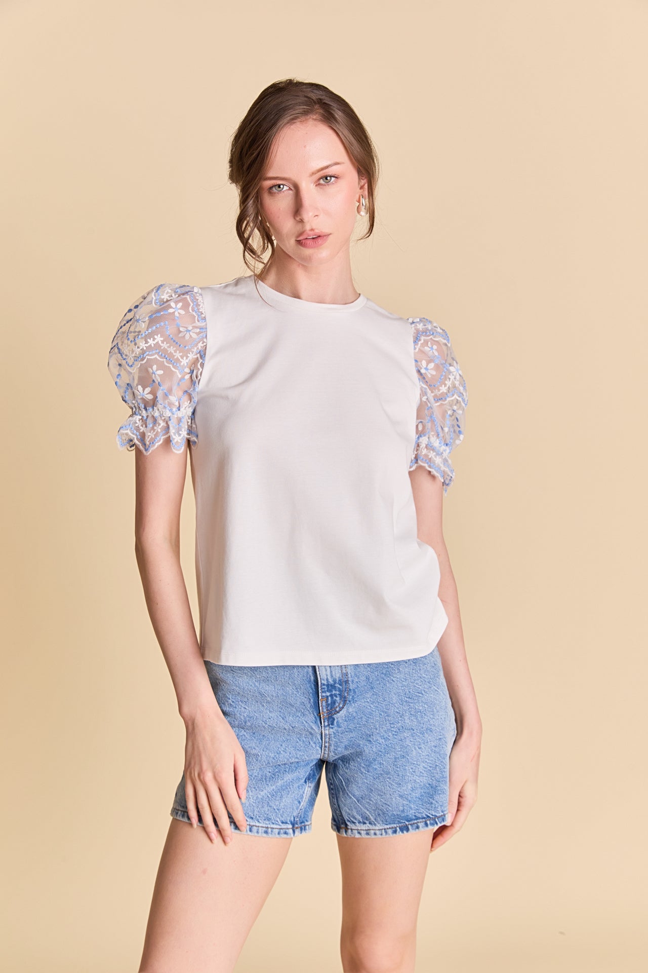LA'VEN - Embroidery Mixed Media Puff Sleeve Top - TOPS available at Objectrare