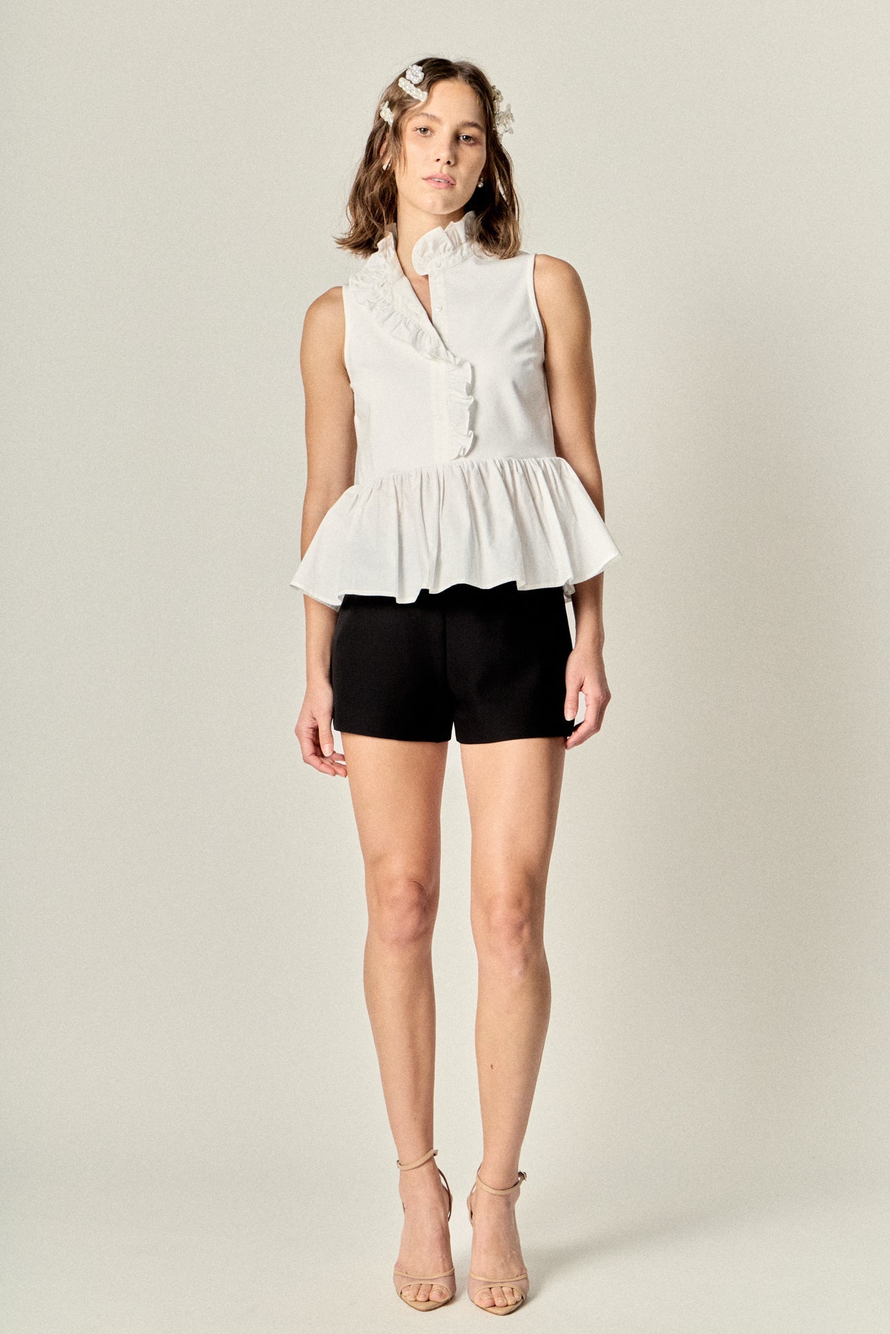ENGLISH FACTORY - Sleeveless Ruffle Peplum Mixed Media Top - TOPS available at Objectrare