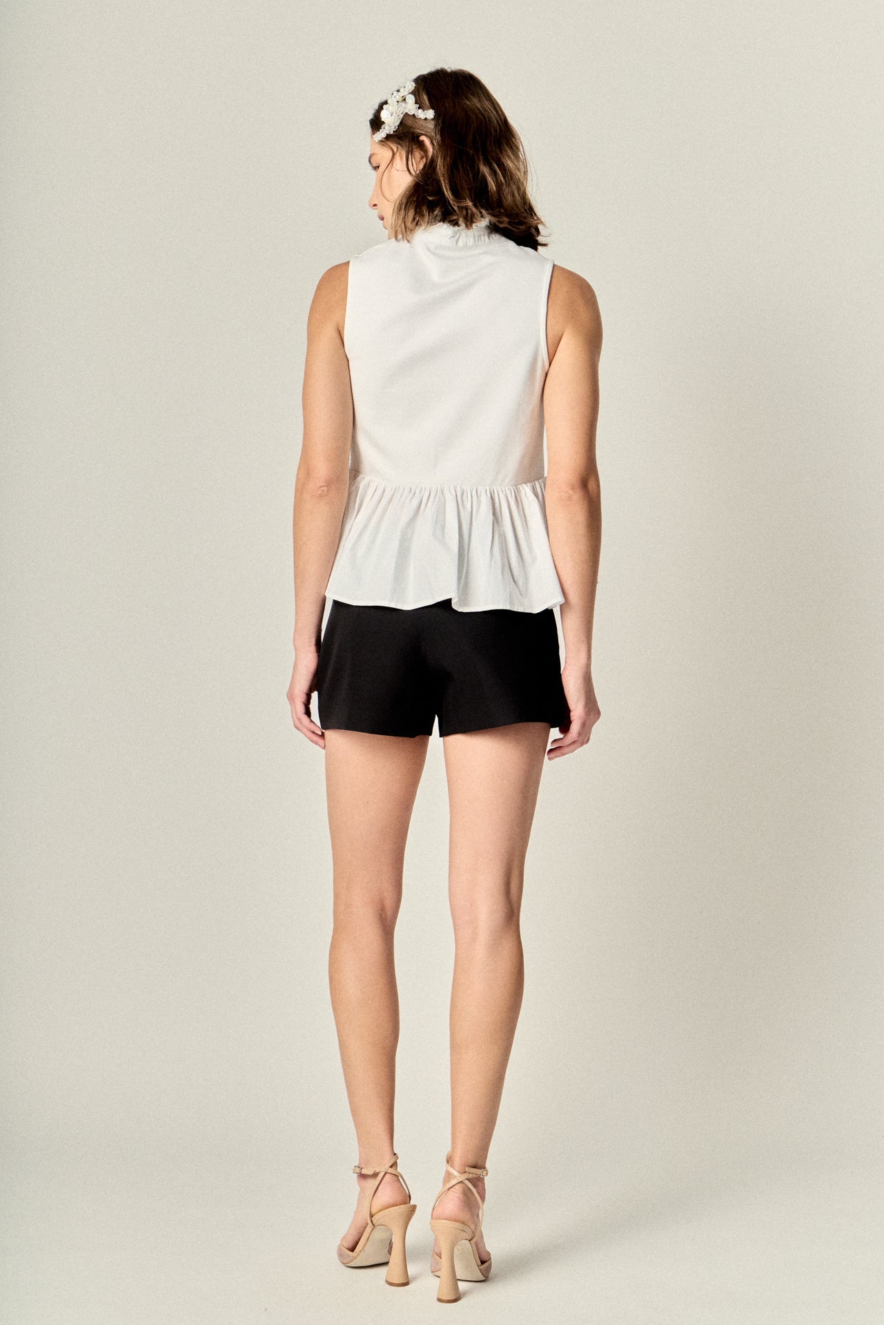 ENGLISH FACTORY - Sleeveless Ruffle Peplum Mixed Media Top - TOPS available at Objectrare