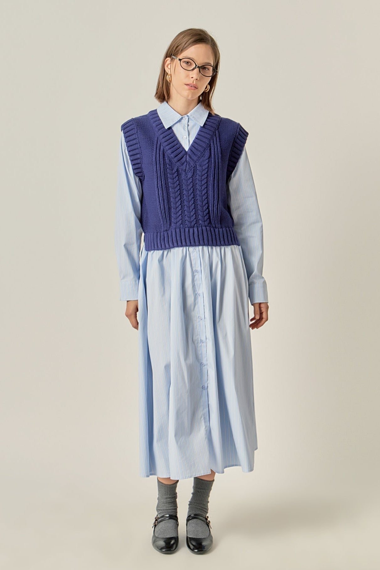Collared Mixed Media Midi Dress