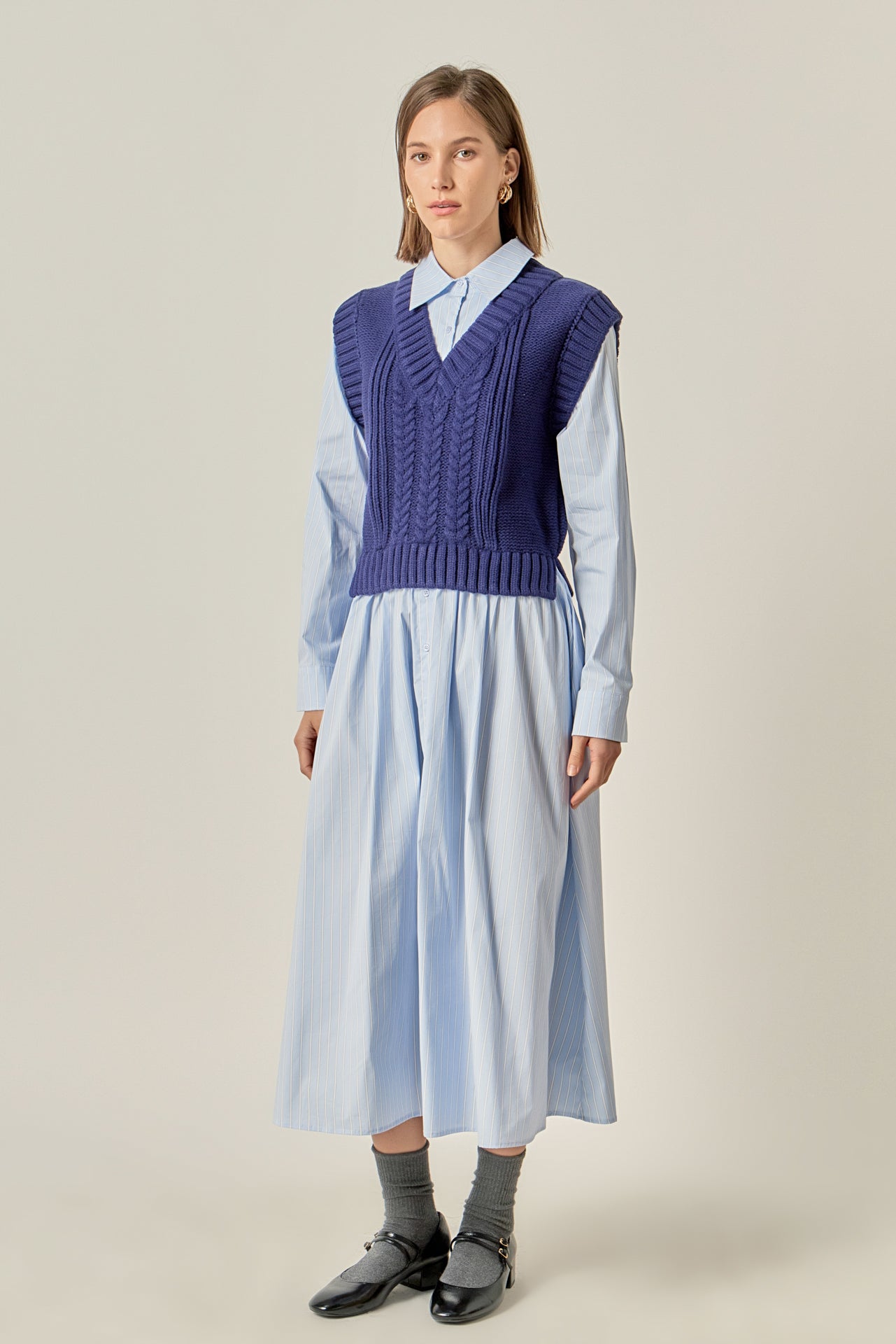 Collared Mixed Media Midi Dress