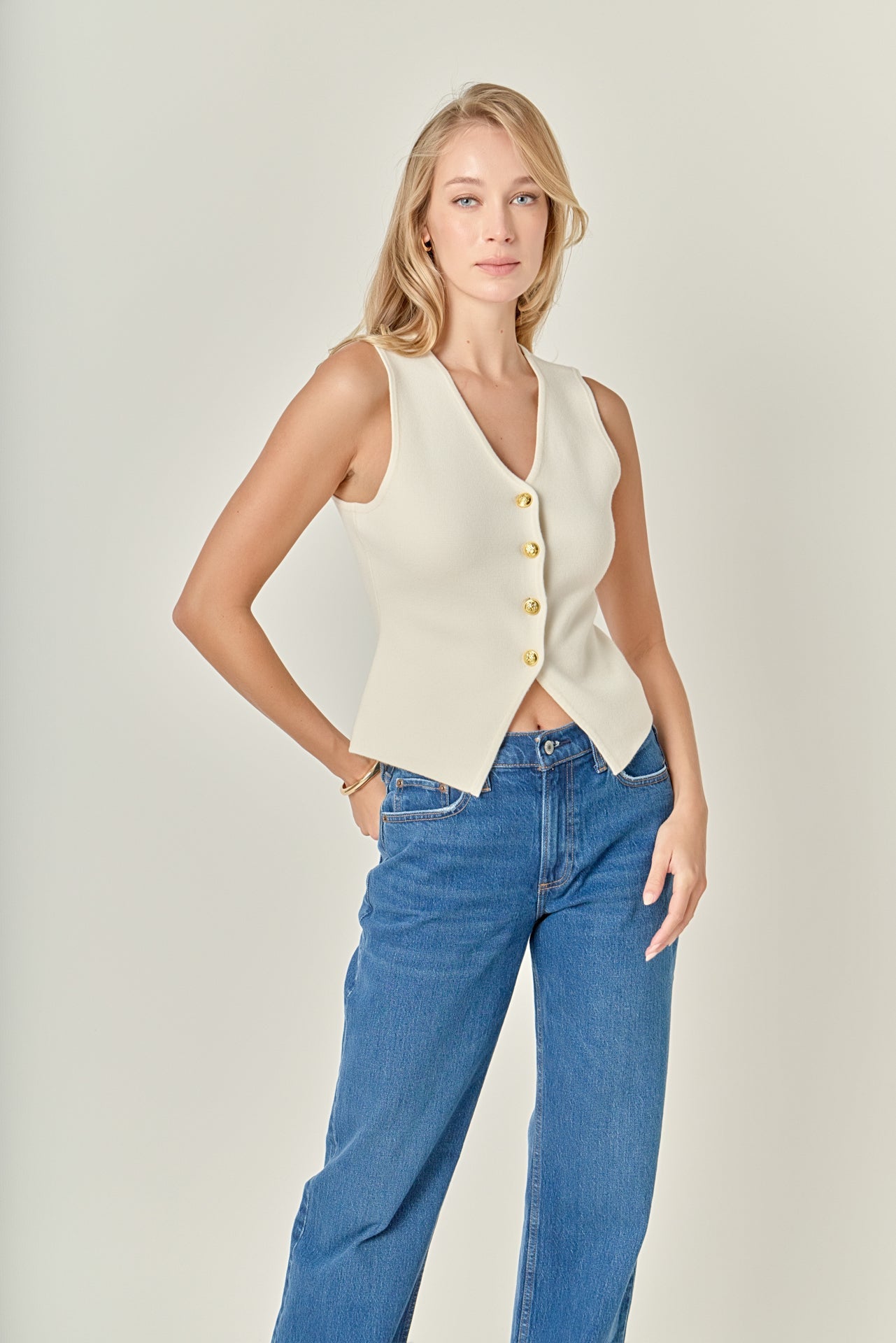 ENGLISH FACTORY - Gold Button Knit Vest - TOPS available at Objectrare
