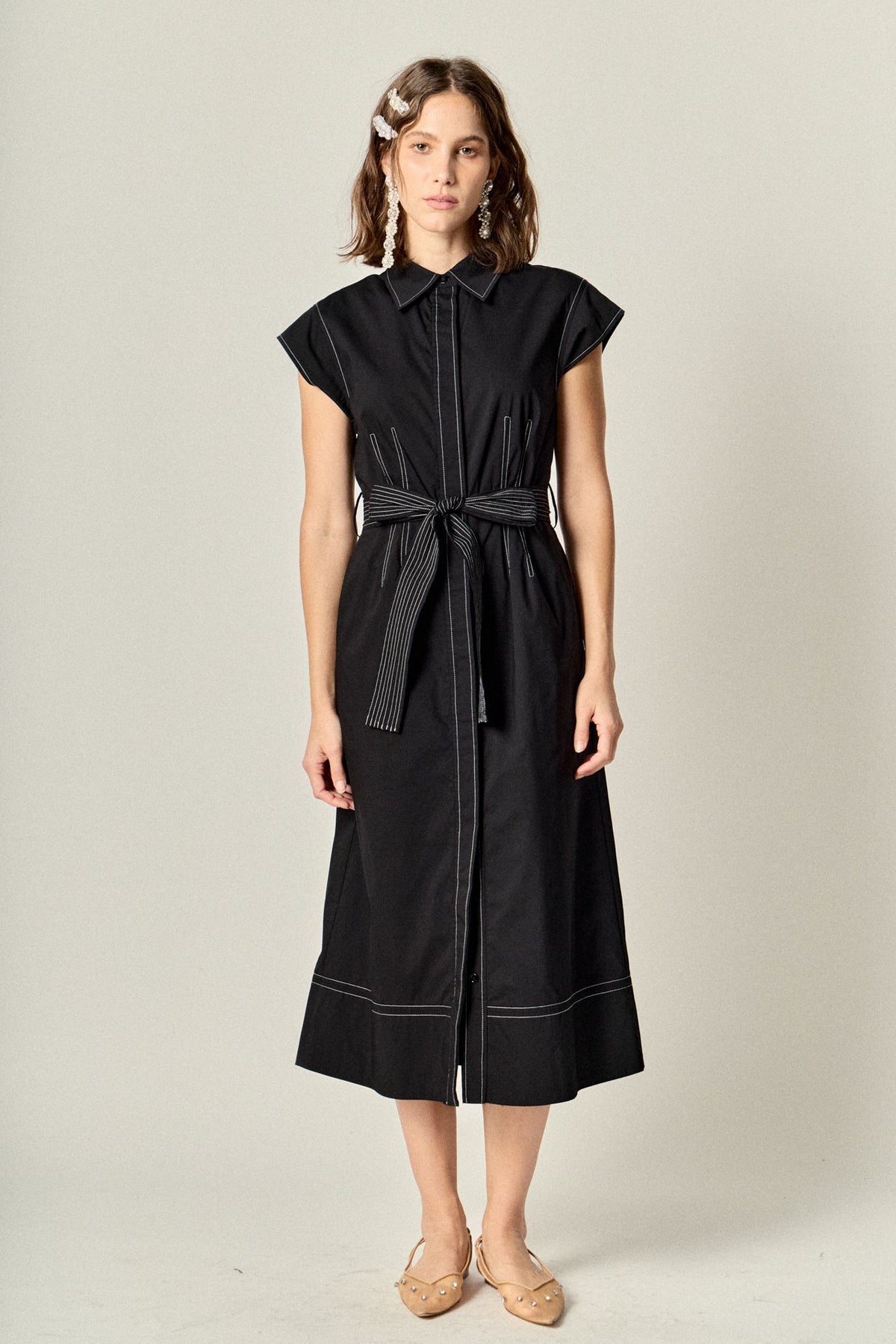 ENGLISH FACTORY - Contrast Stitch Poplin Shirt Midi Dress - DRESSES available at Objectrare