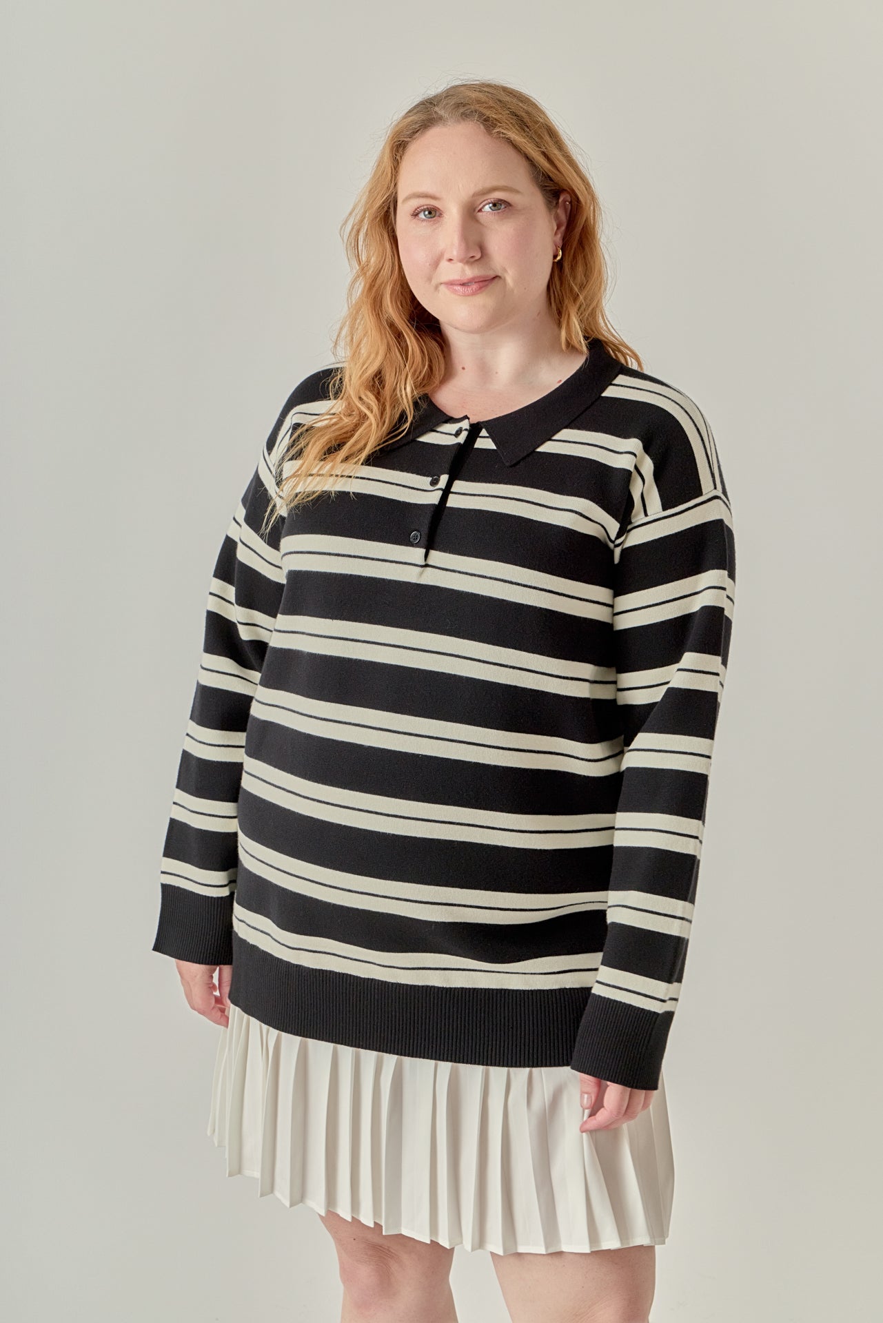 Plus Stripe Polo Mixed Media Mini Dress BLACK/CREAM / 1X