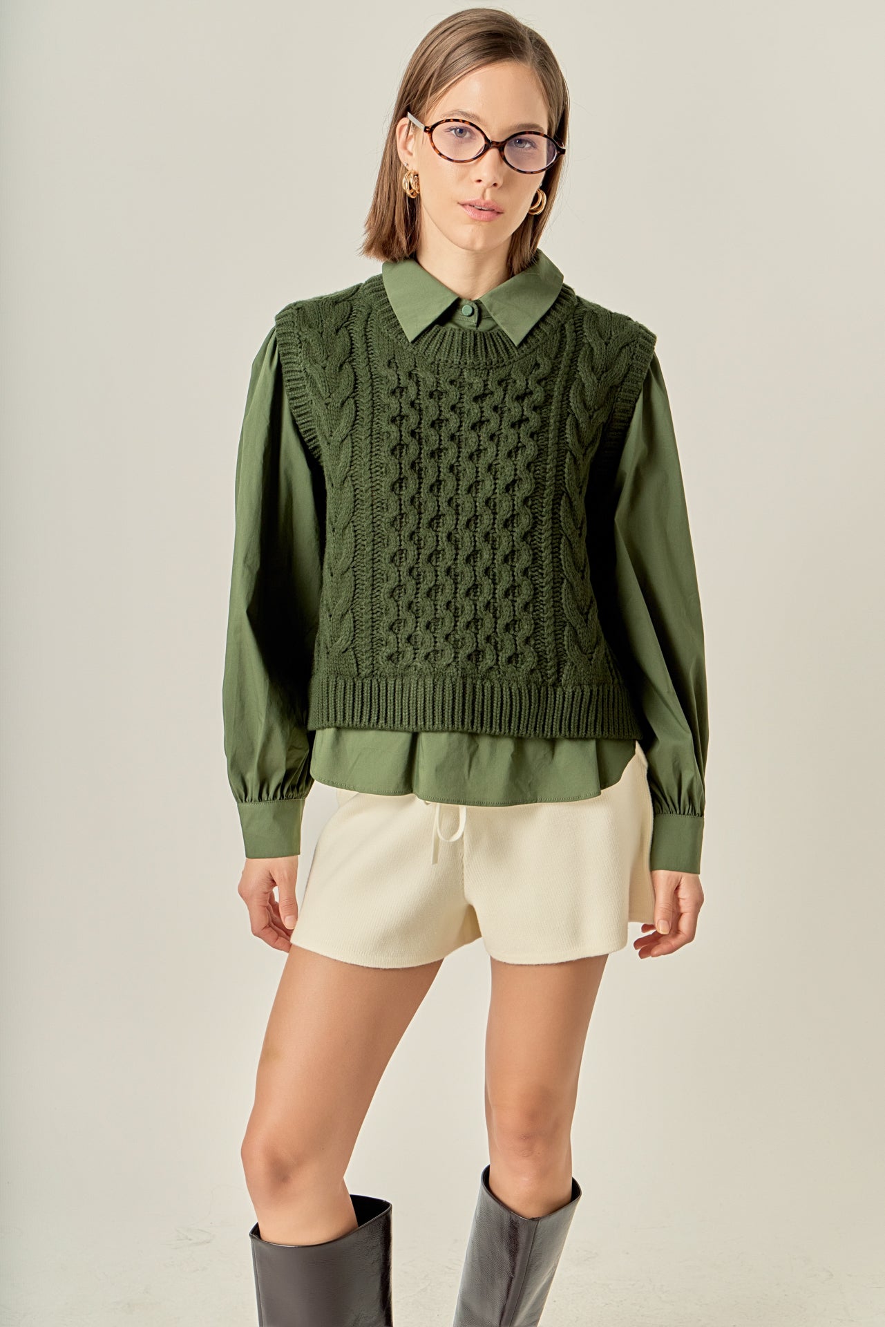 Mixed Media Cable Knit Shirt Top