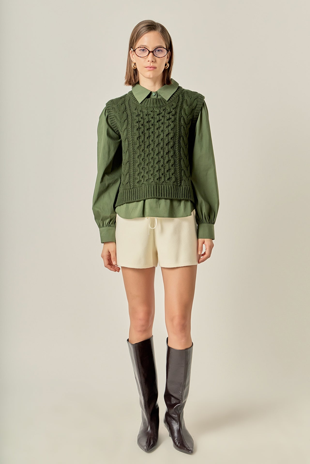 Mixed Media Cable Knit Shirt Top