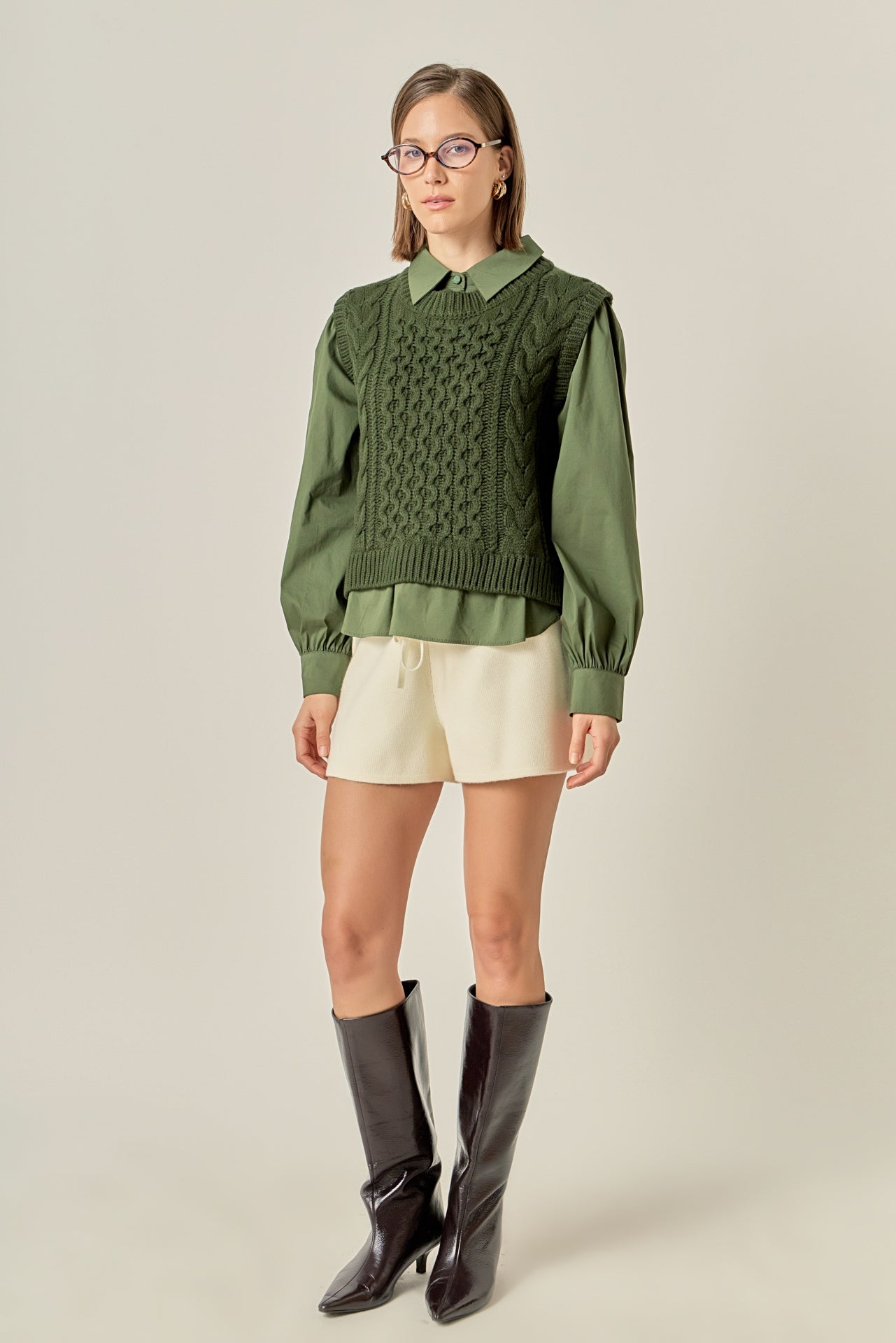 Mixed Media Cable Knit Shirt Top