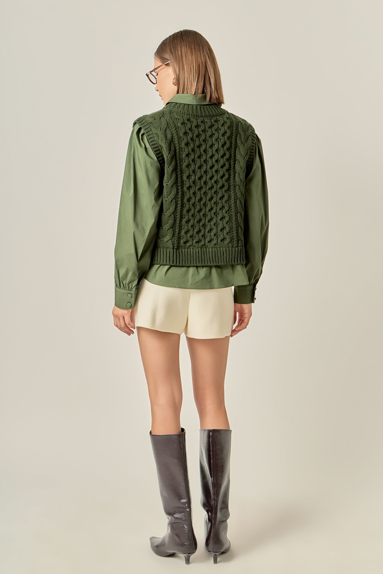 Mixed Media Cable Knit Shirt Top