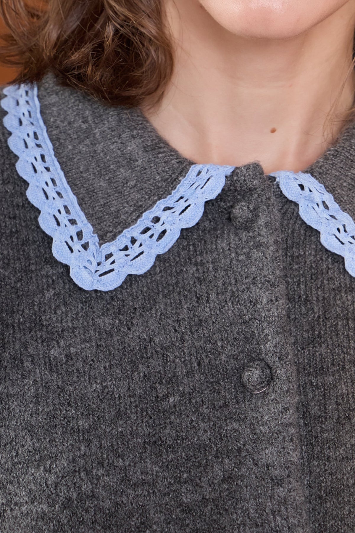 Lace Trimmed Puff Sleeve Knit Cardigan