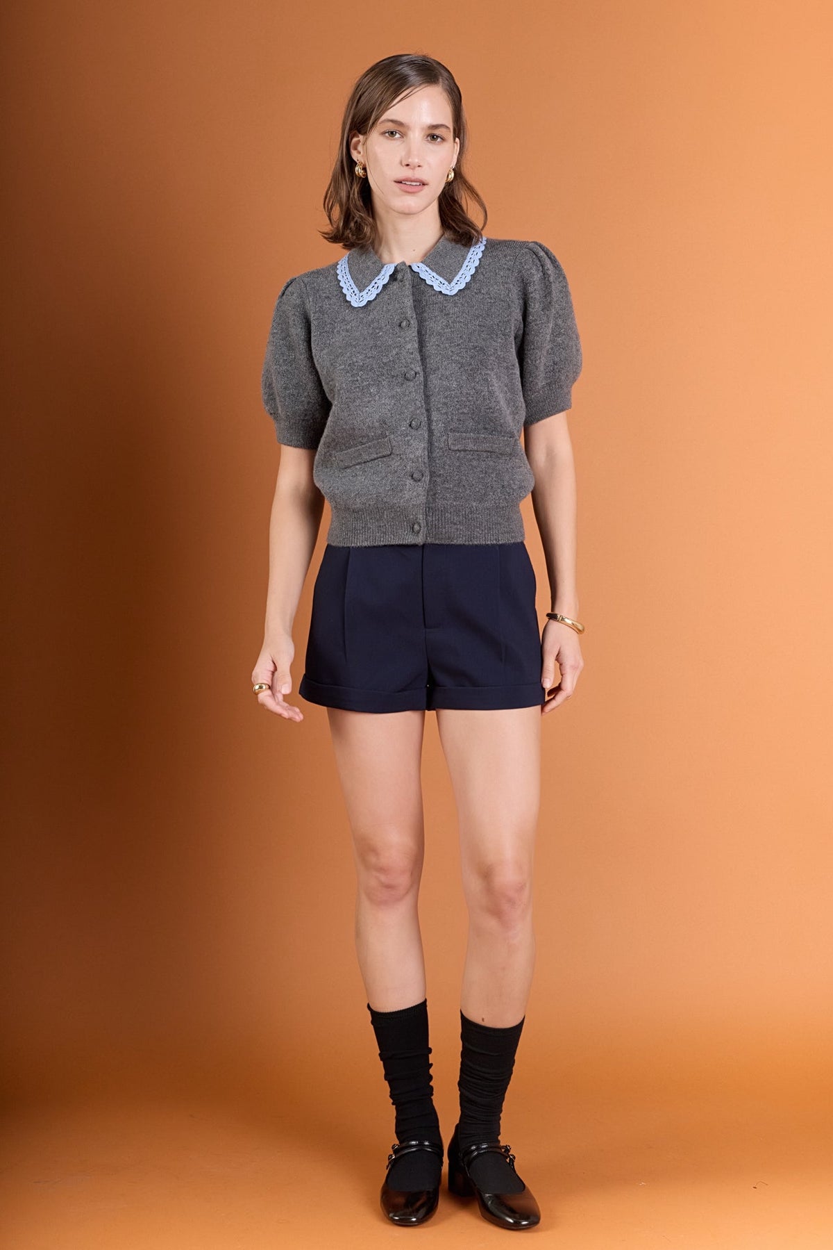 Lace Trimmed Puff Sleeve Knit Cardigan