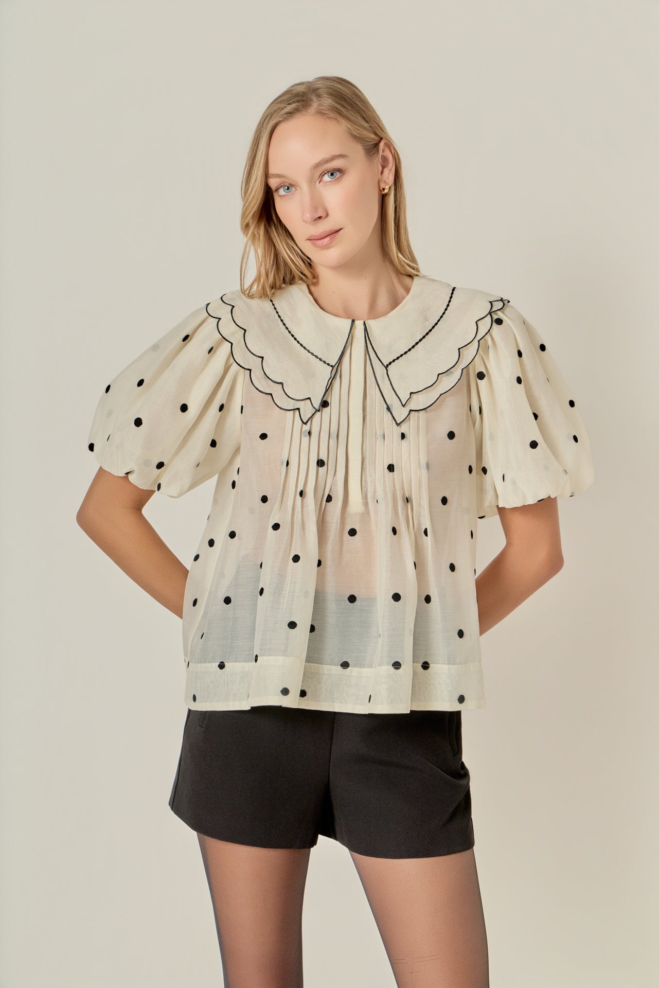 ENGLISH FACTORY - Scalloped Collar Sheer Polka Dot Blouse - TOPS available at Objectrare