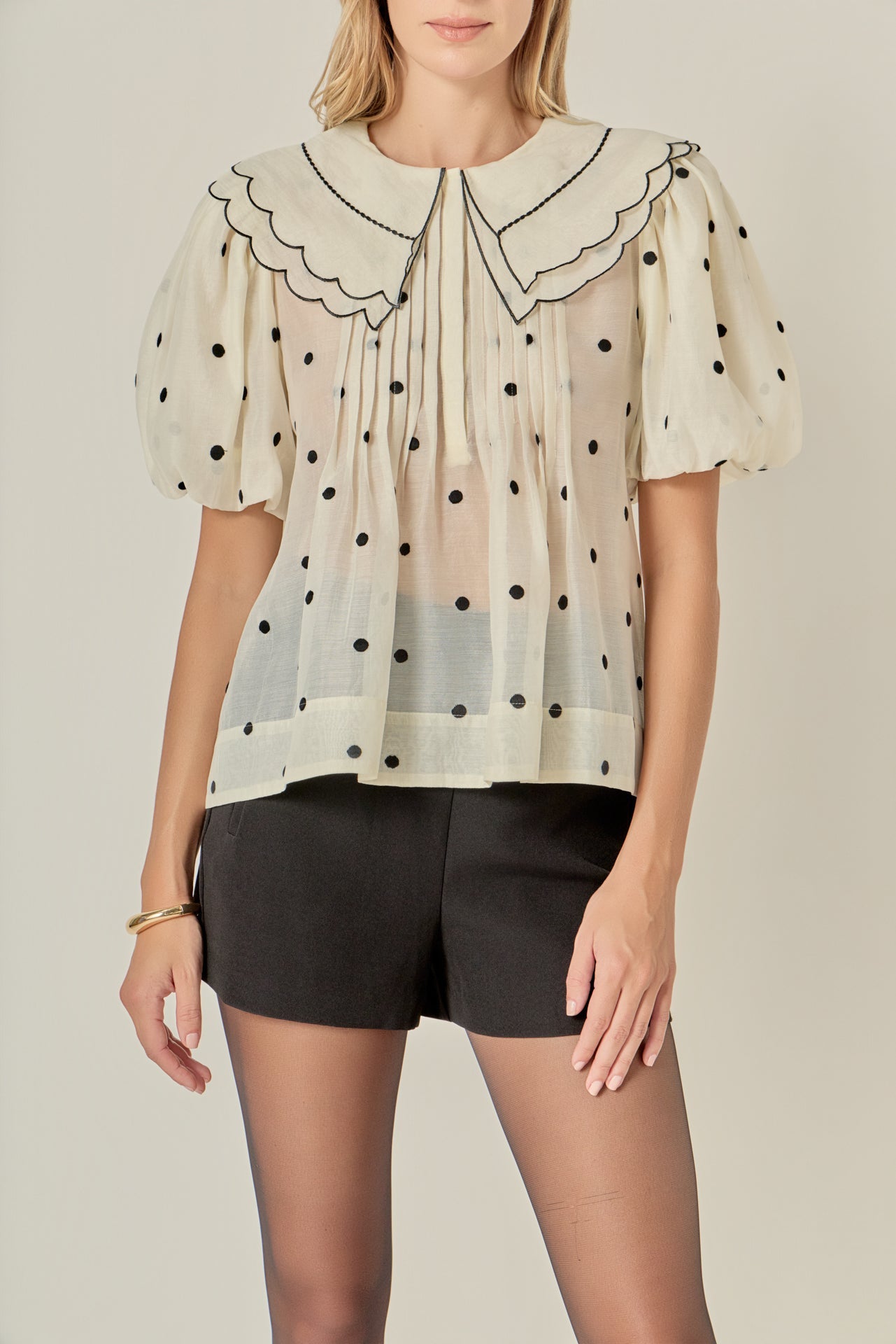 ENGLISH FACTORY - Scalloped Collar Sheer Polka Dot Blouse - TOPS available at Objectrare