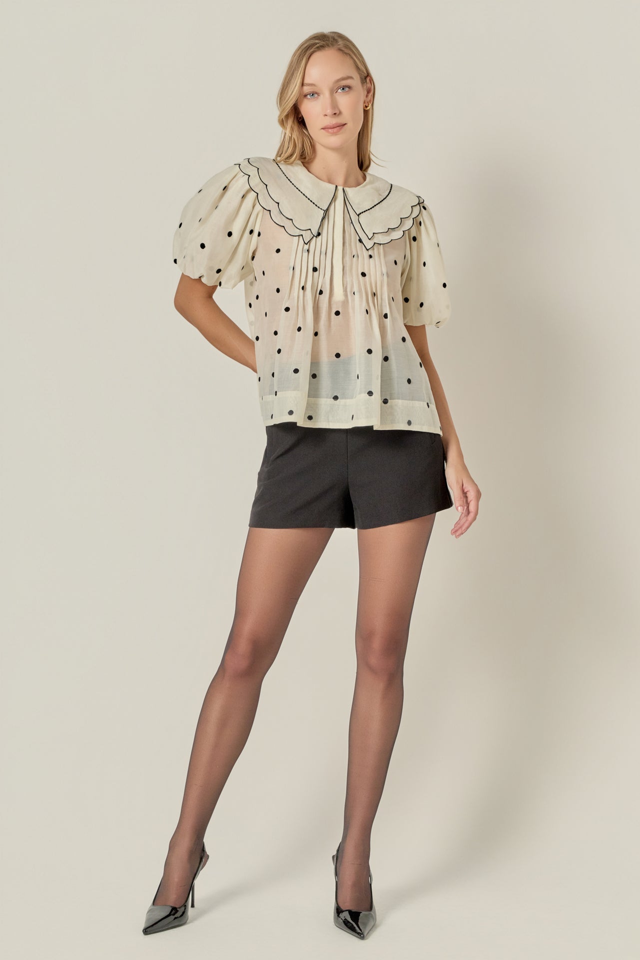 ENGLISH FACTORY - Scalloped Collar Sheer Polka Dot Blouse - TOPS available at Objectrare