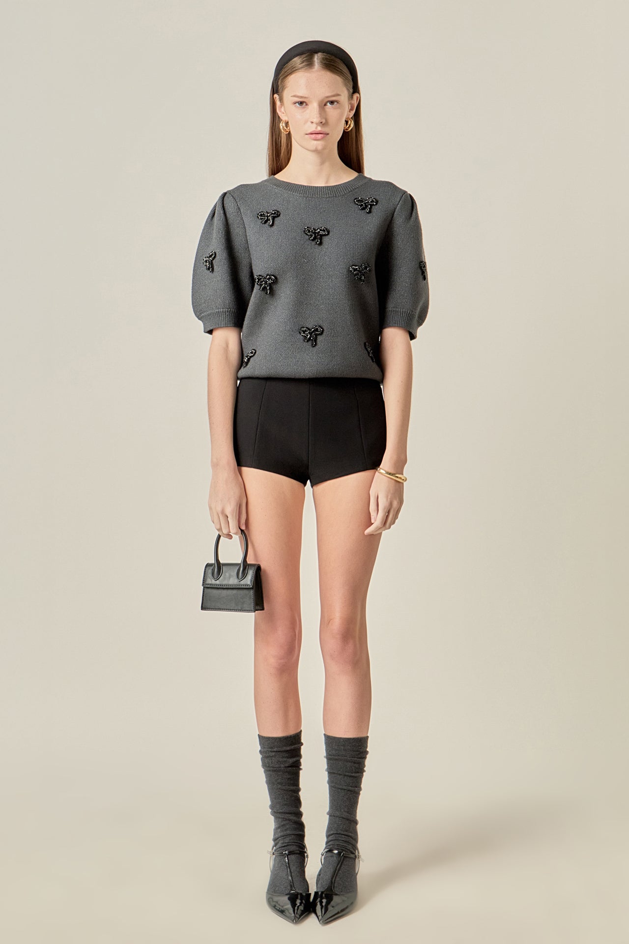 Rhinestone Bow Puff Sleeve Knit Top
