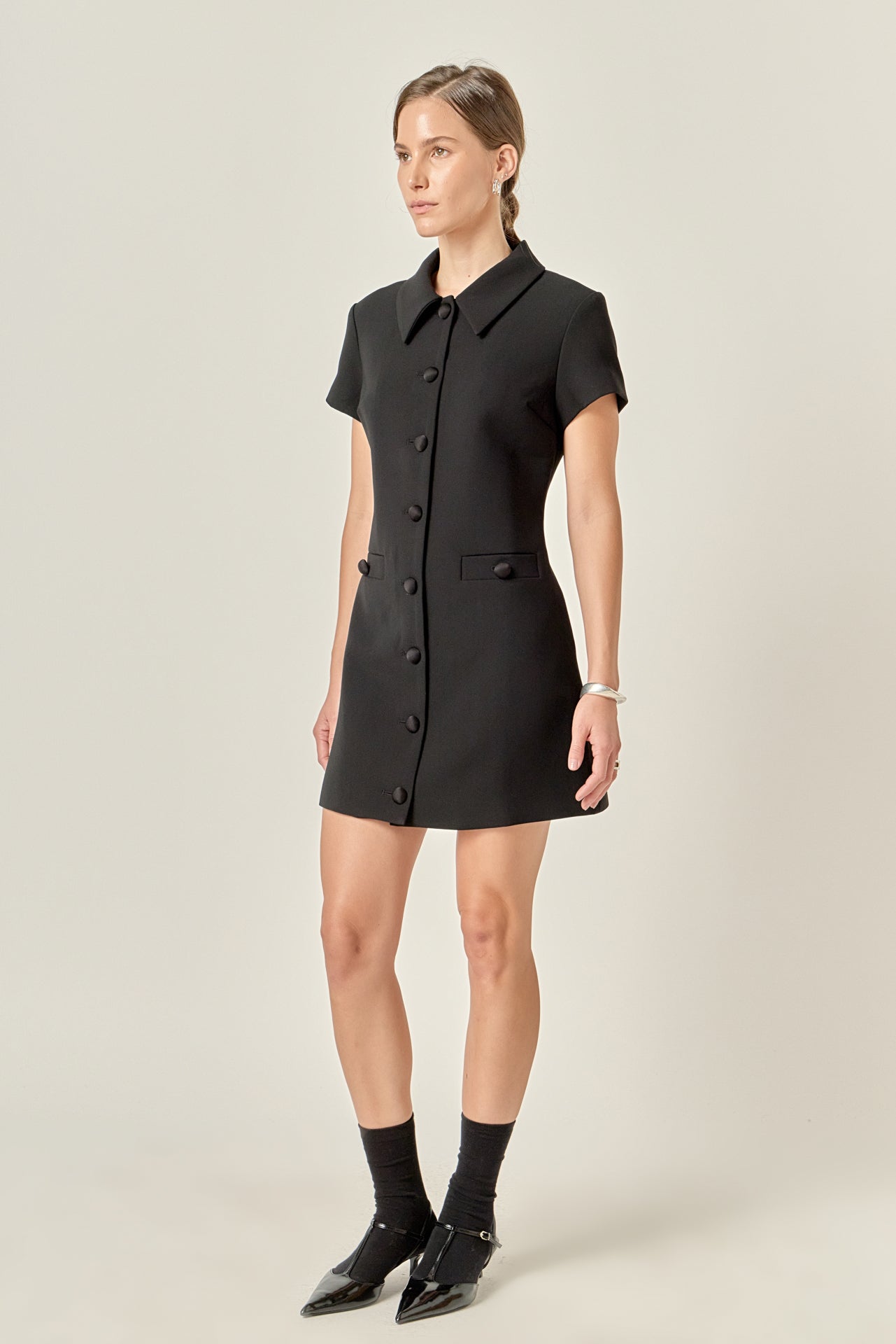 Velvet Button Collar Mini Dress