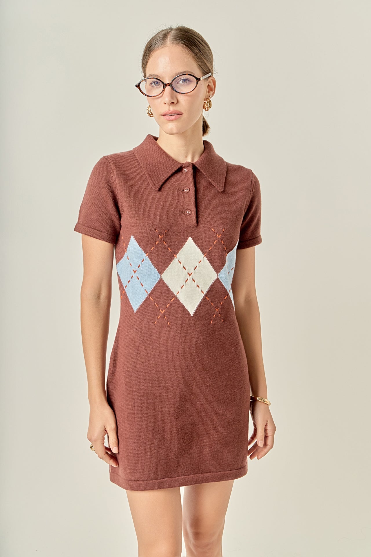 Argyle Knit Polo Mini Dress