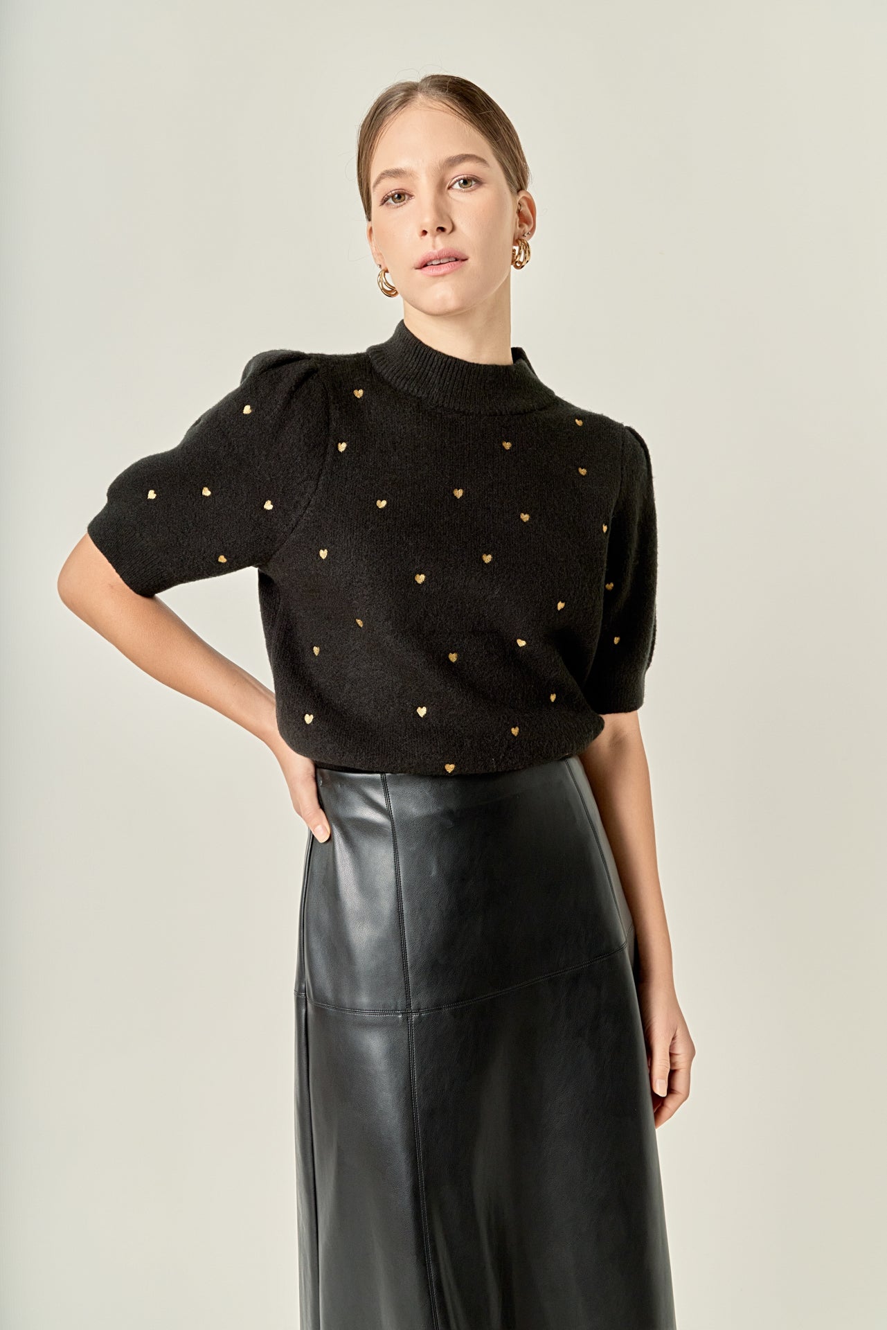 Heart-Embroidered Puff Sleeve Knit