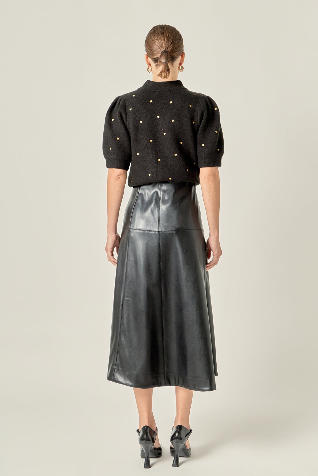 Heart-Embroidered Puff Sleeve Knit