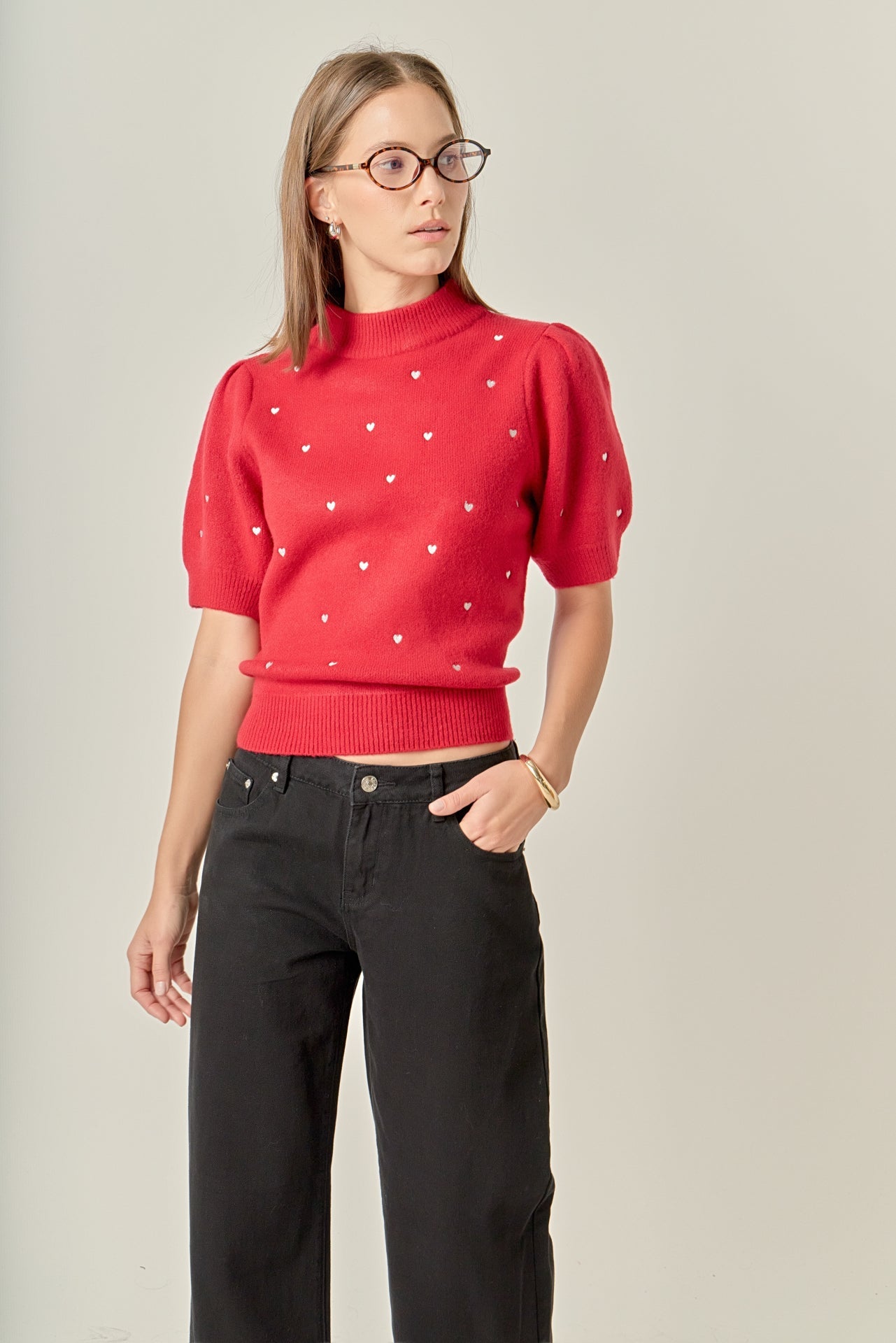 Heart-Embroidered Puff Sleeve Knit