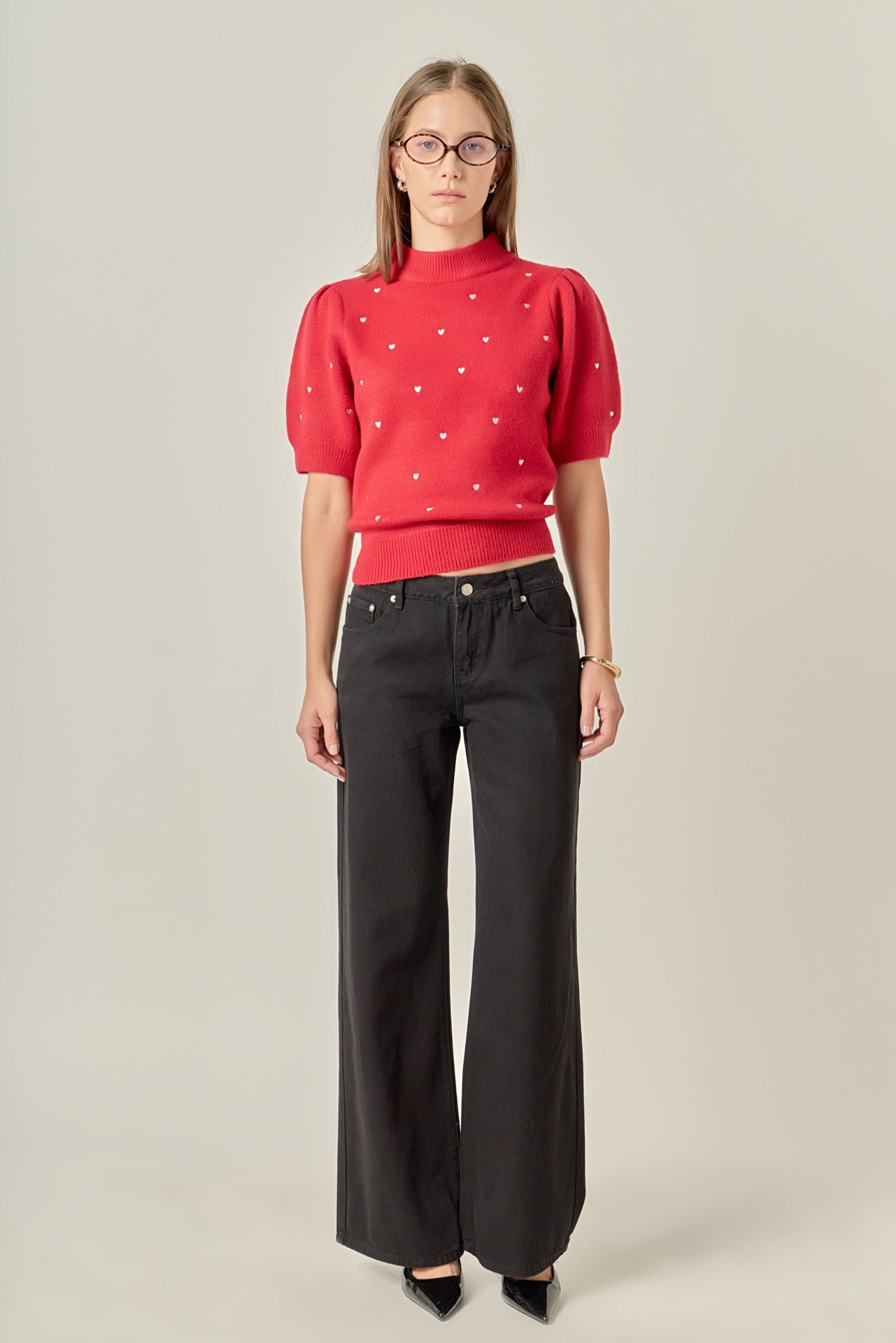Heart-Embroidered Puff Sleeve Knit