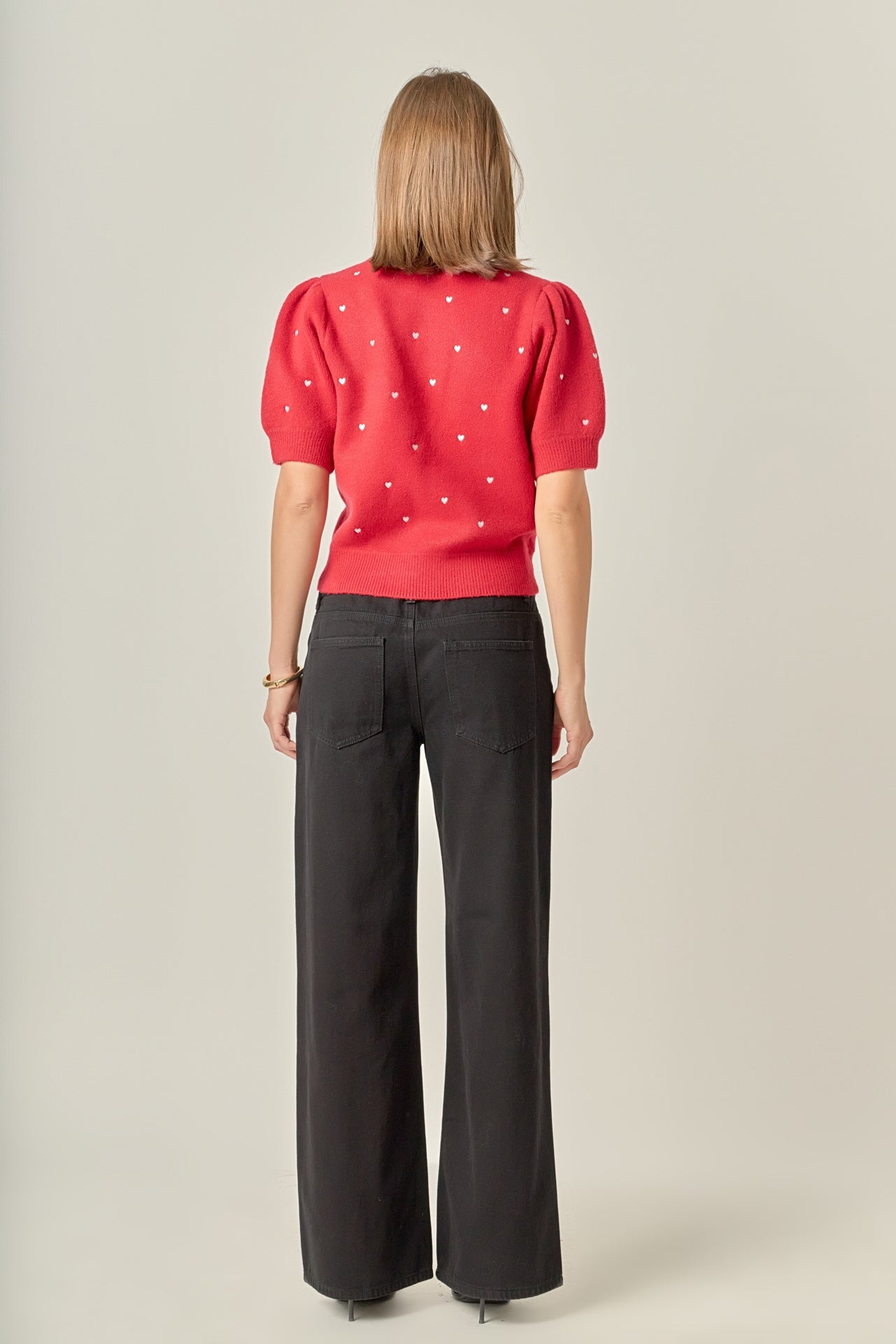 Heart-Embroidered Puff Sleeve Knit