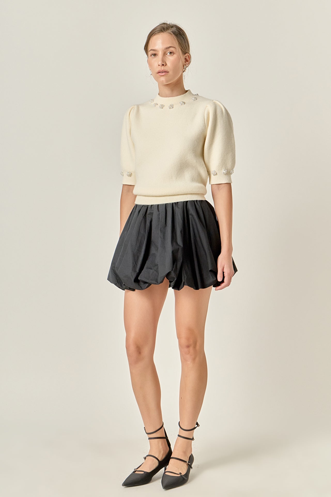 Pearl-Detail Puff Sleeve Knit Top