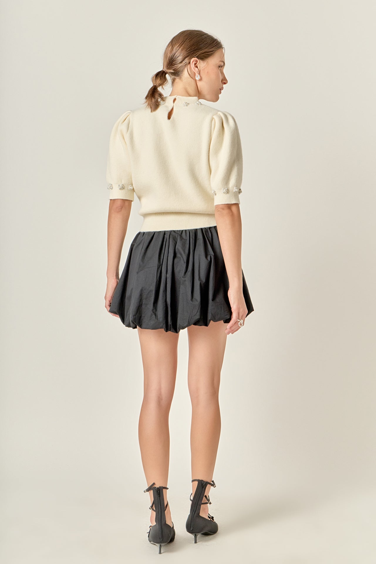 Pearl-Detail Puff Sleeve Knit Top