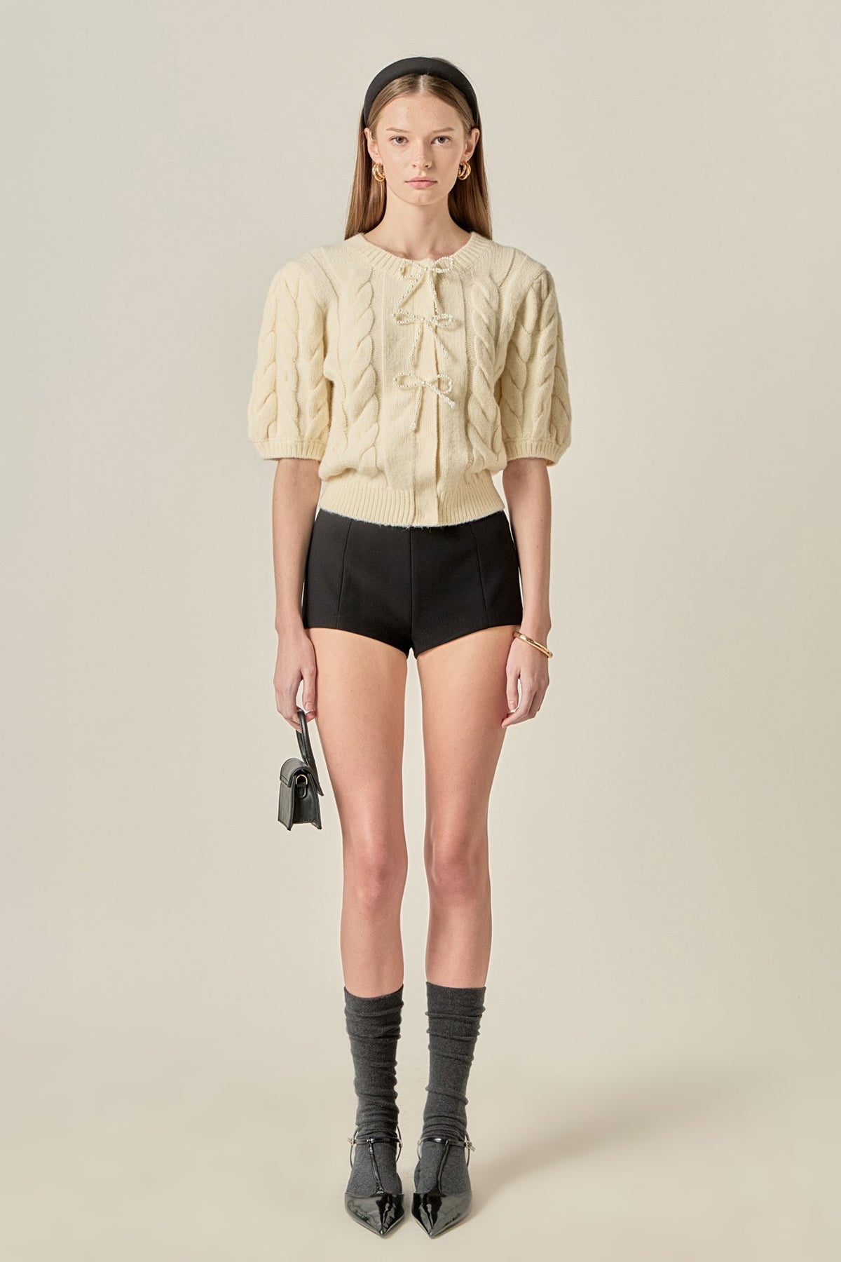 Pearl Bow Cable Knit Cardigan