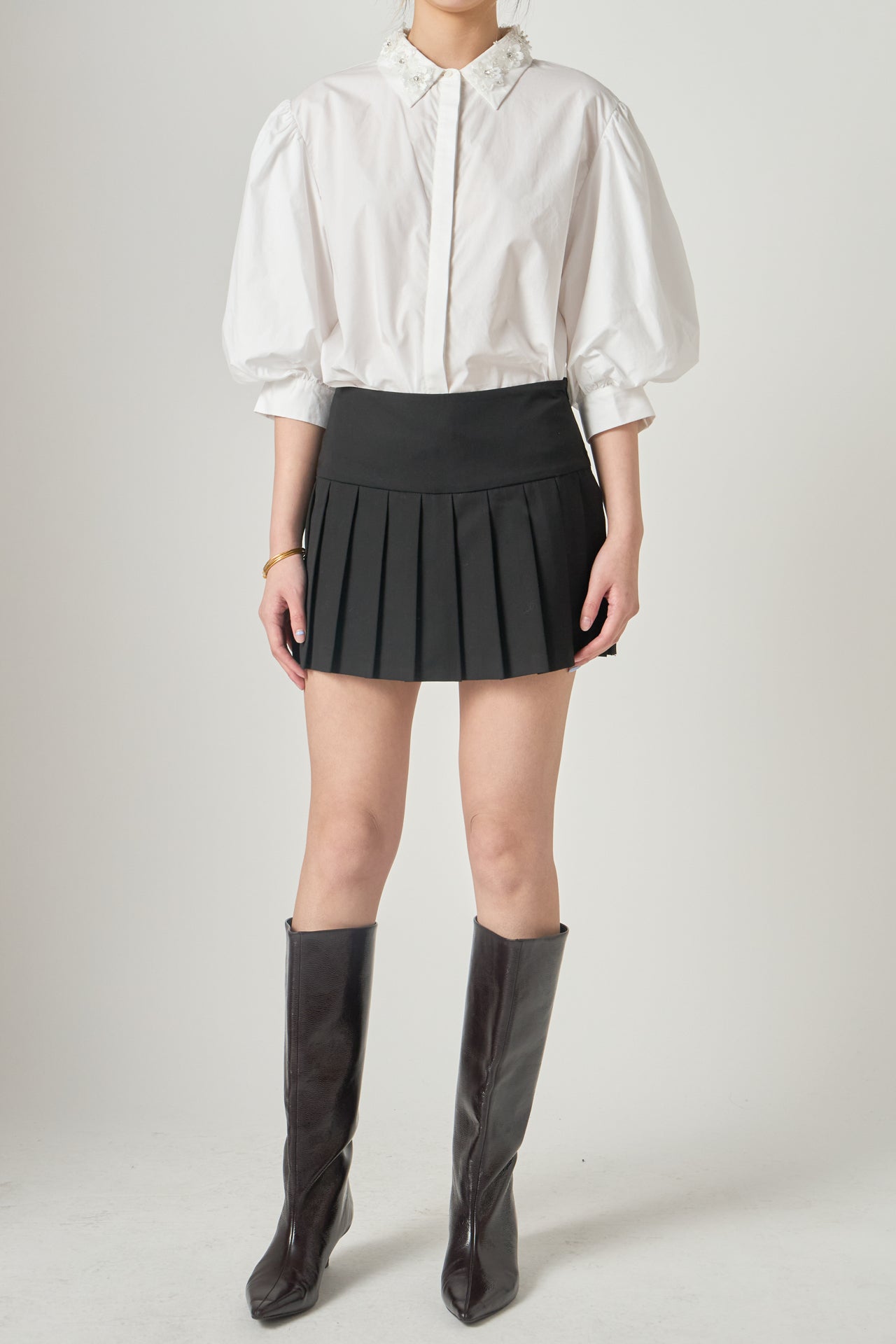 Shirt With Peral And Rhinestone Flower Trim