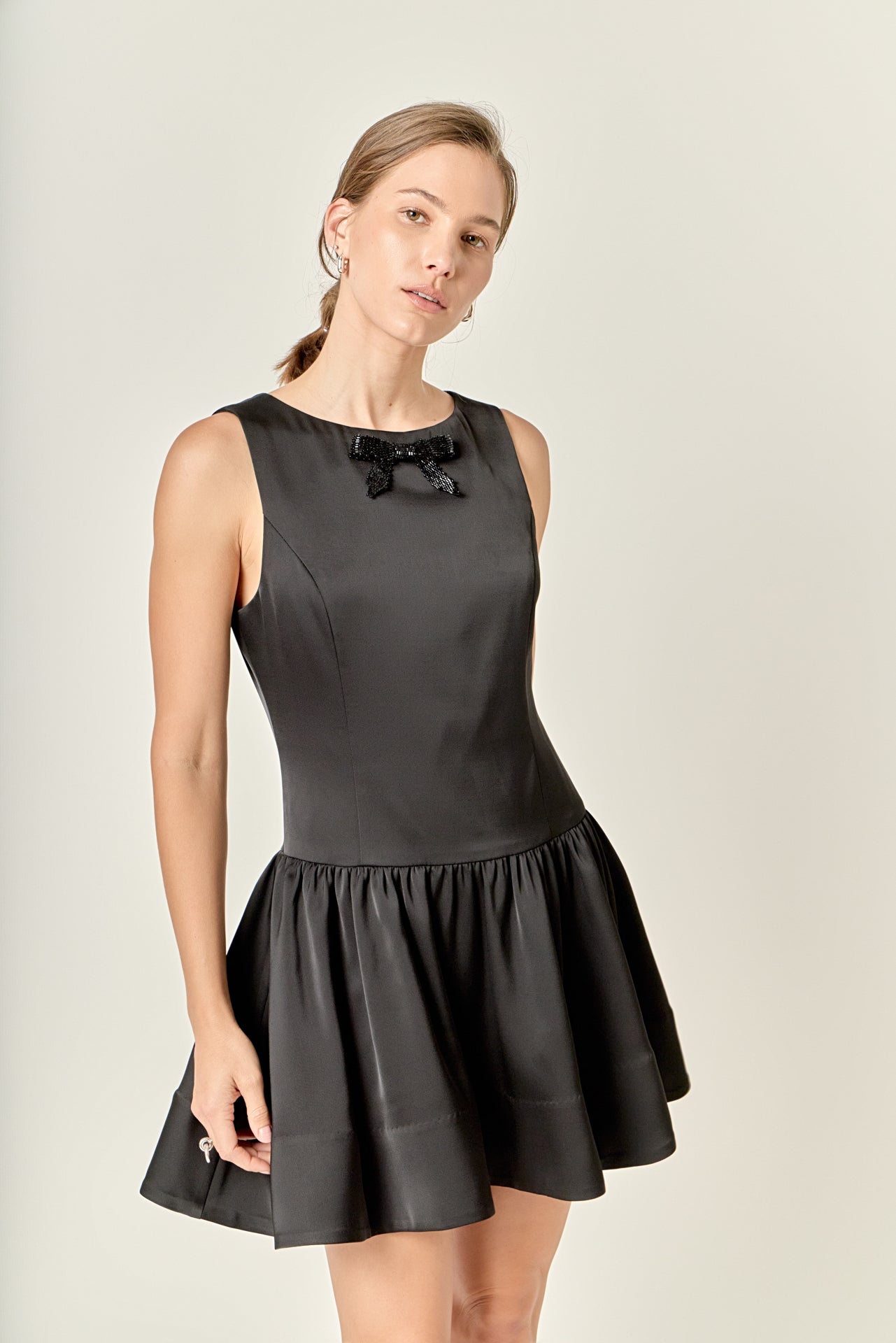 Satin Beaded Bow Mini Dress