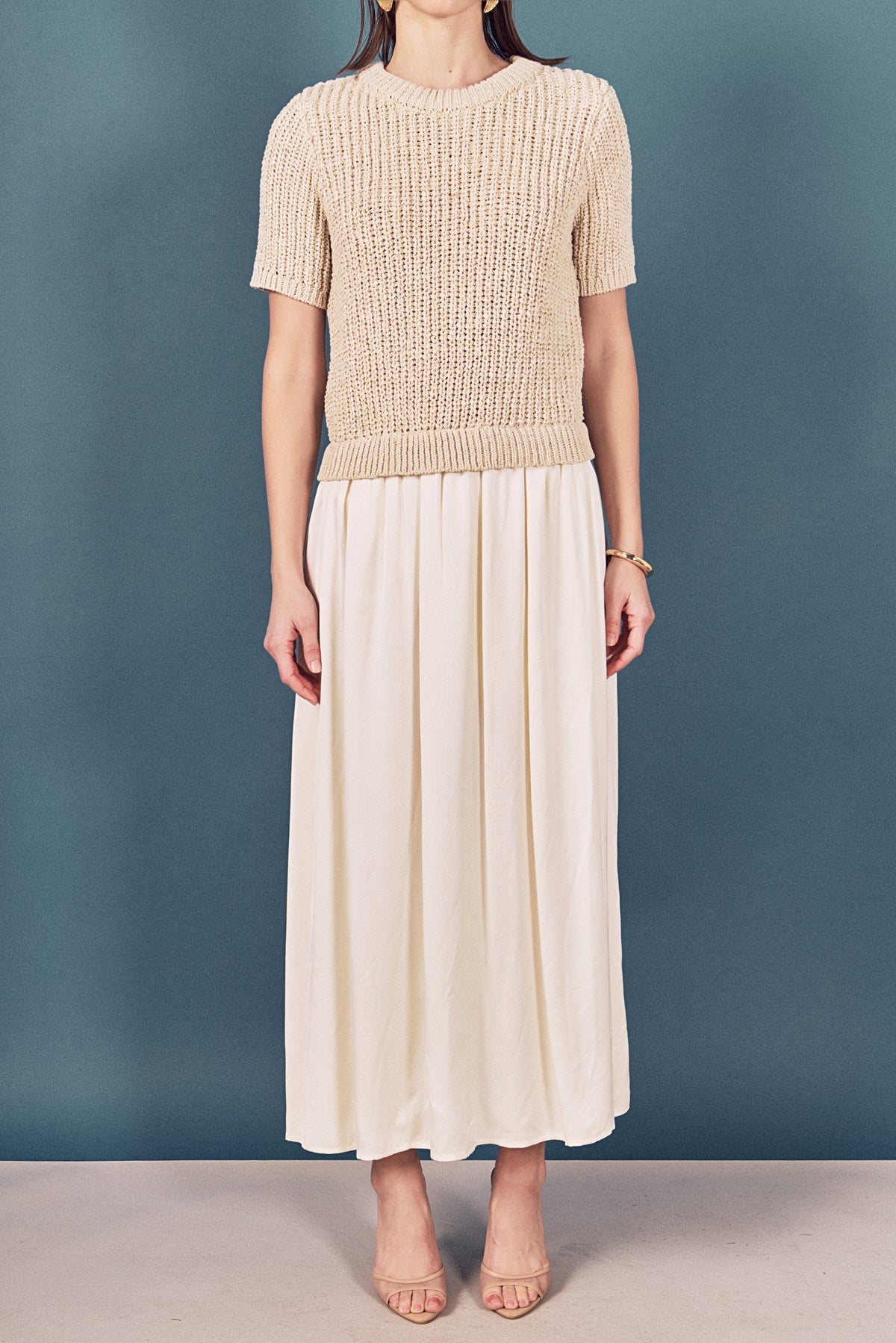 Satin Contrast Mixed Media Midi Dress