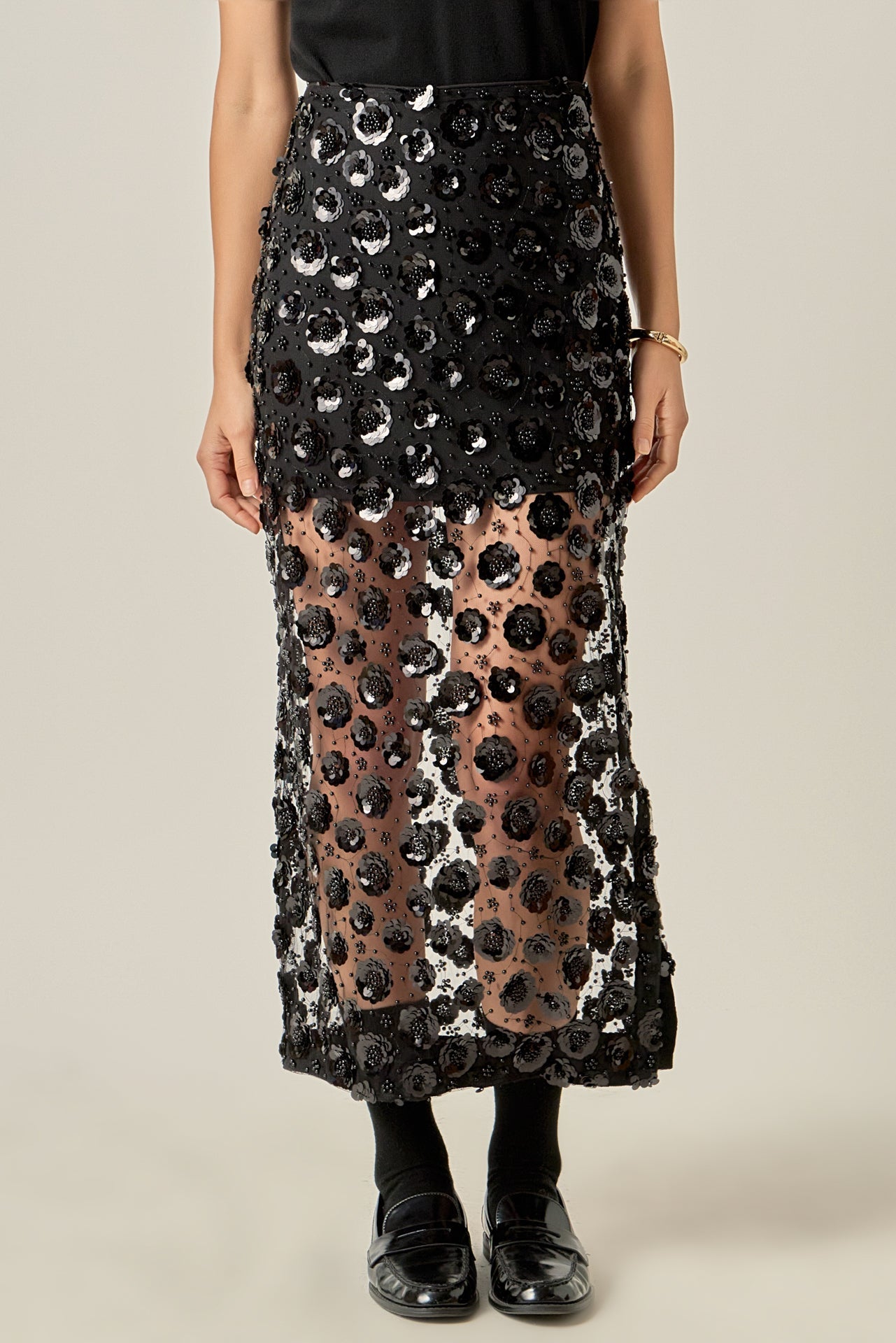 Flower Sequin Sheer Midi Skirt