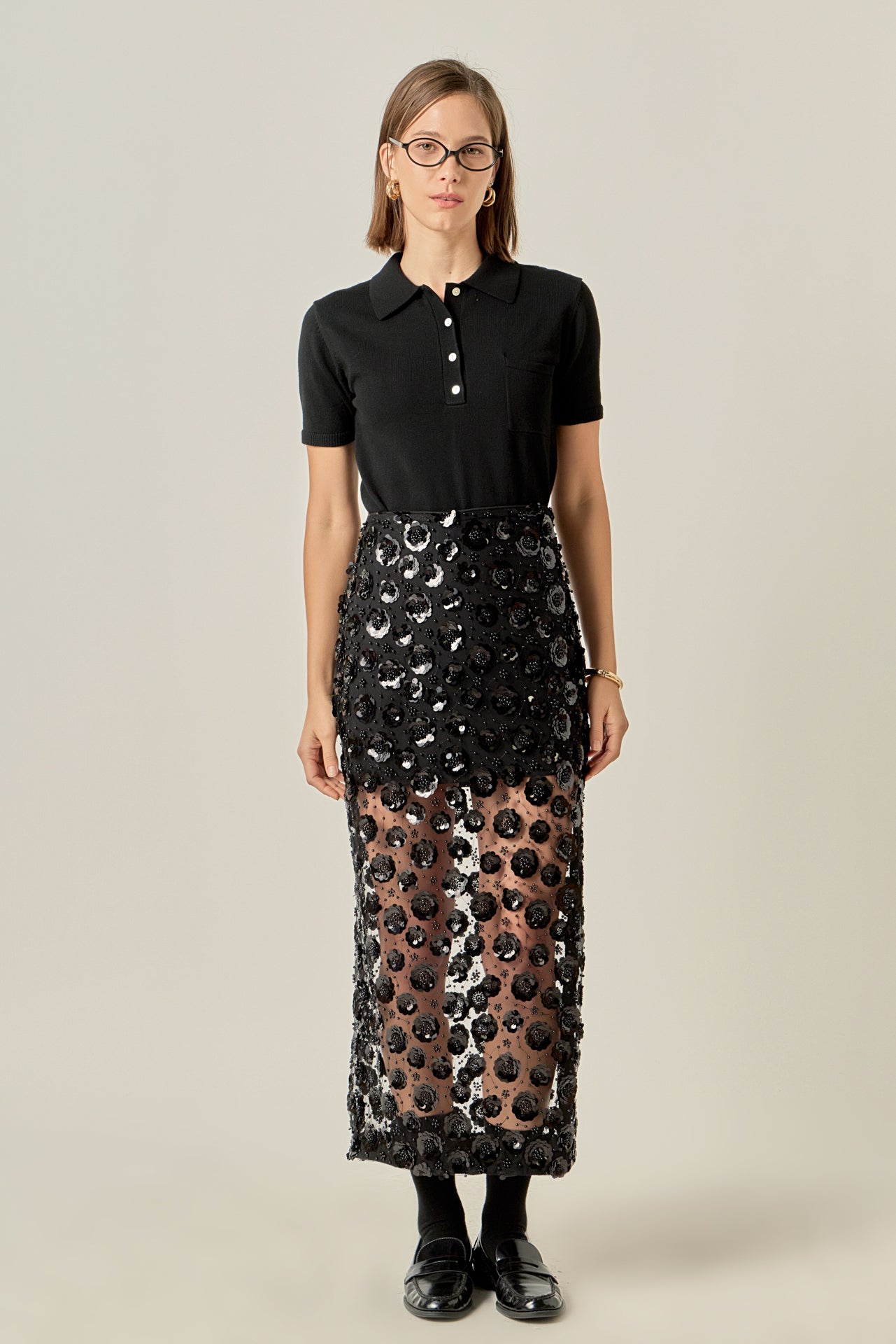 Flower Sequin Sheer Midi Skirt