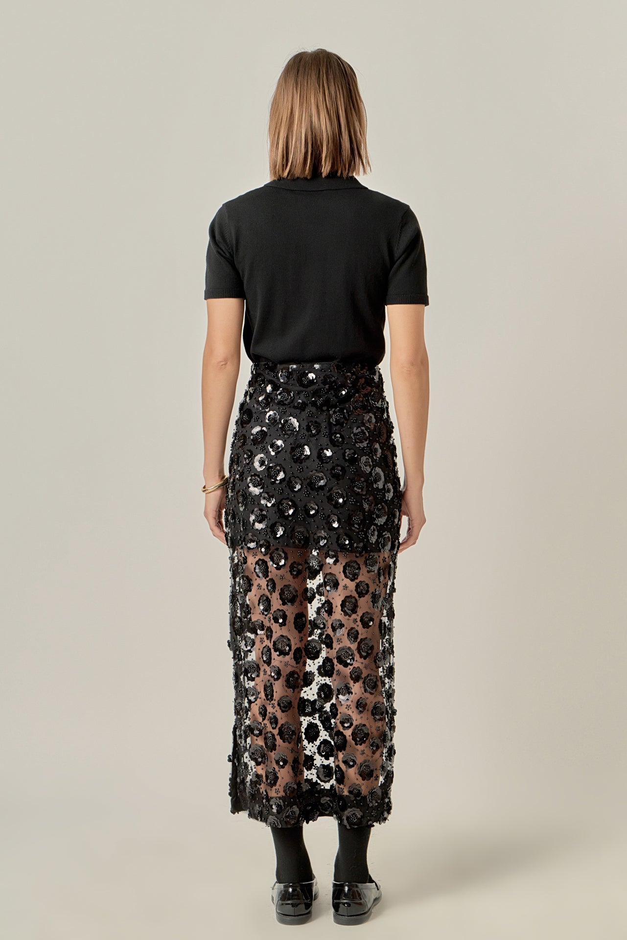 Flower Sequin Sheer Midi Skirt