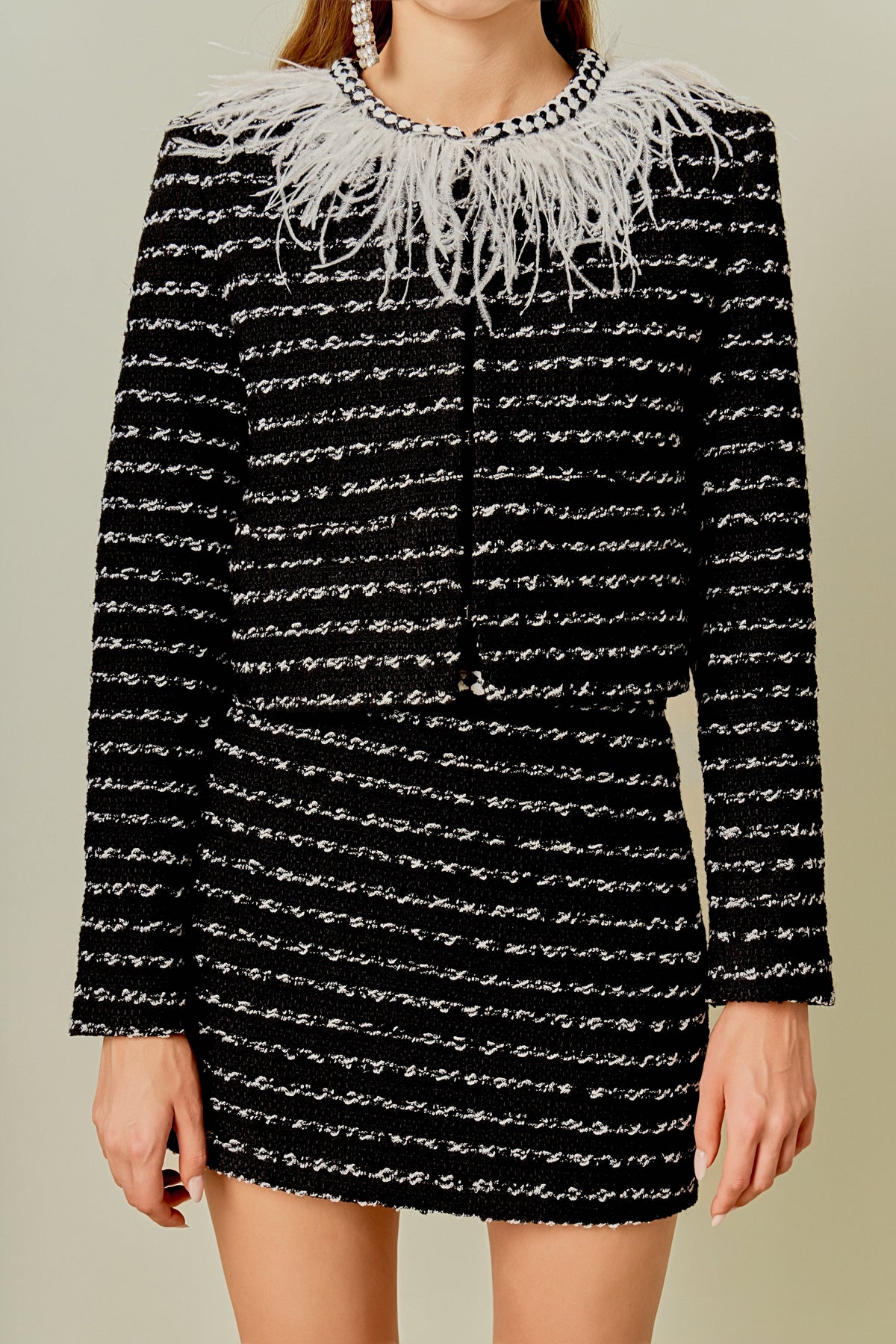 ENDLESS ROSE - Feather Detailed Bow Tweed Jacket - JACKETS available at Objectrare