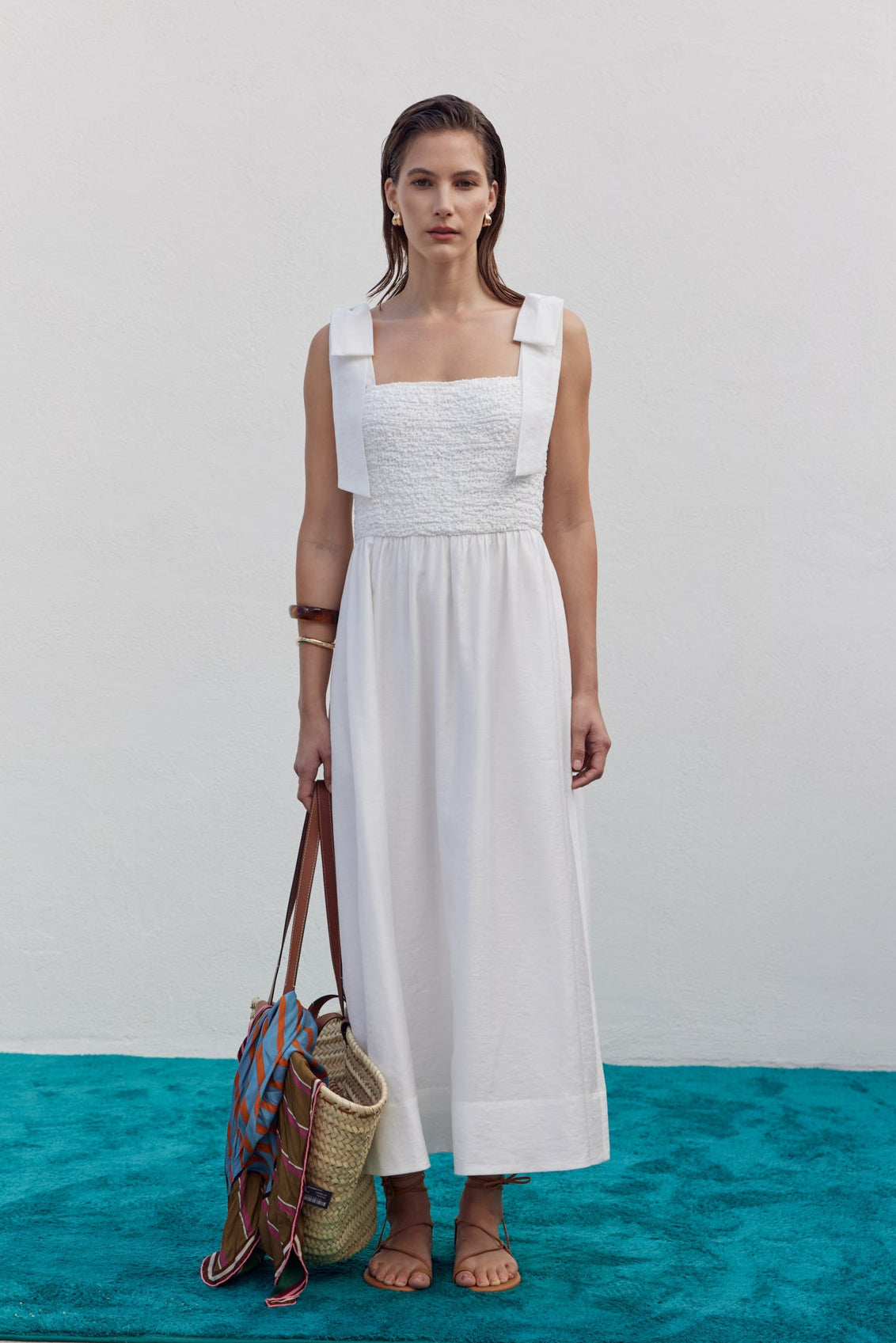 ENGLISH FACTORY - Smocked Bodice Bow Strap Midi Dress - DRESSES available at Objectrare