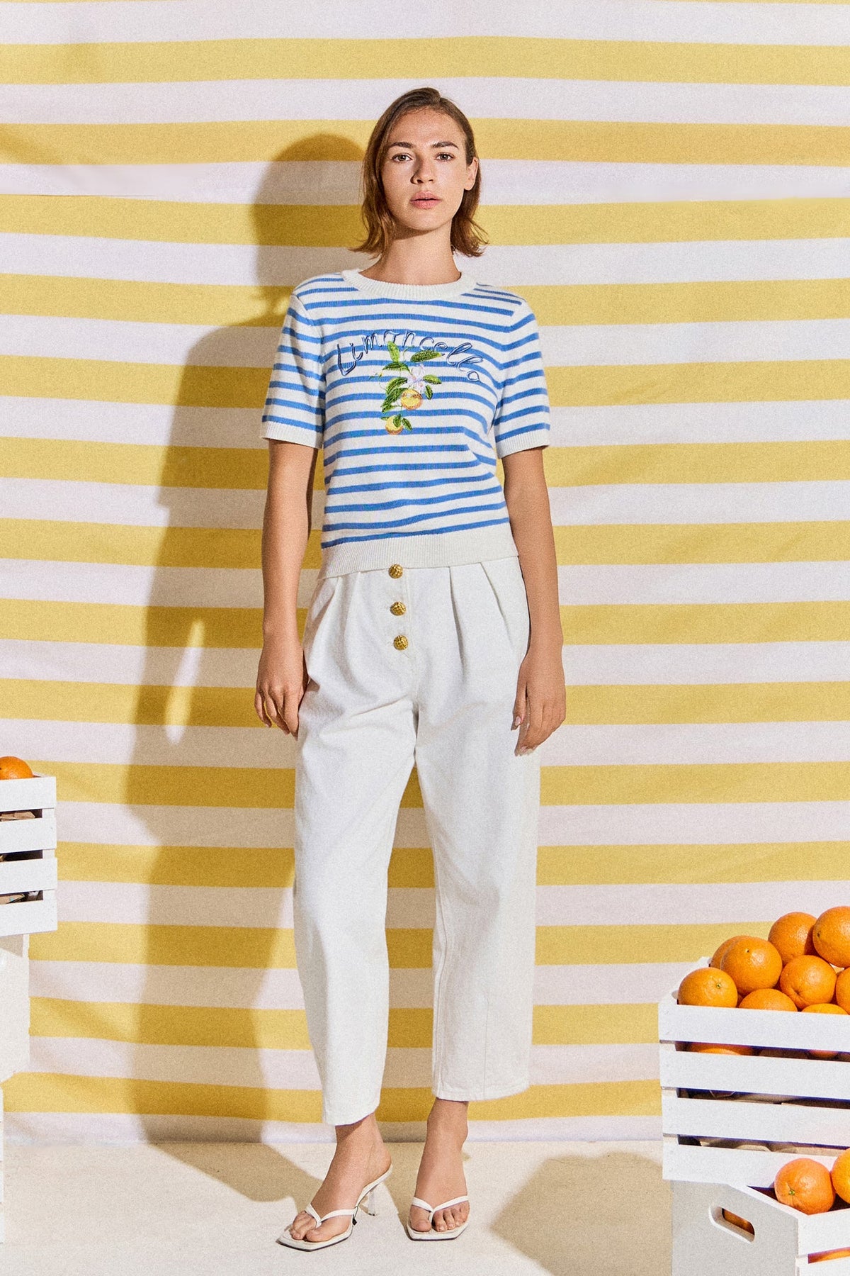 Striped Lemon Embroidered Short Sleeve Sweater