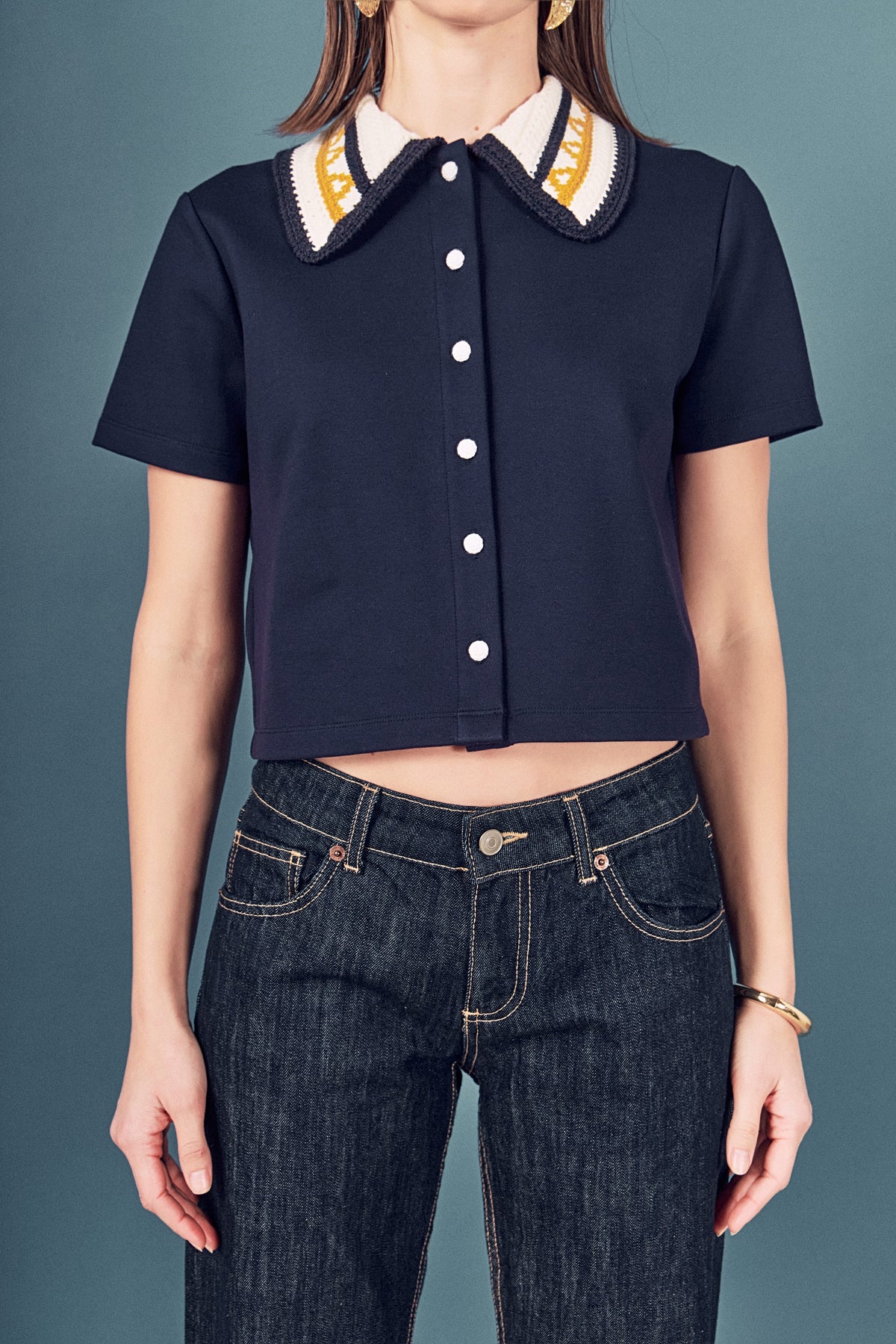 Knitted Collar Button Up Top