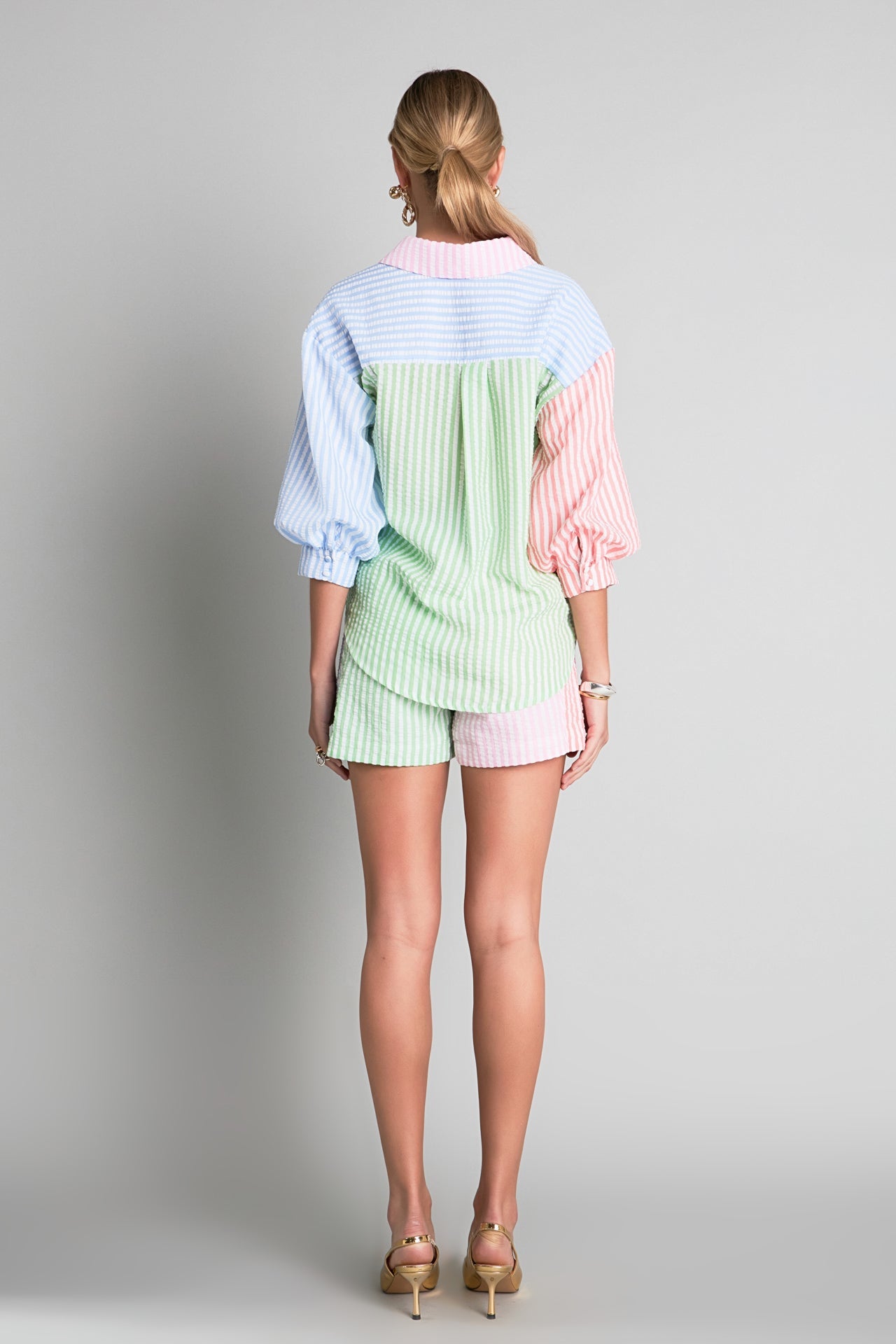 ENGLISH FACTORY - Seersucker Striped Colorblock Shorts - SHORTS available at Objectrare