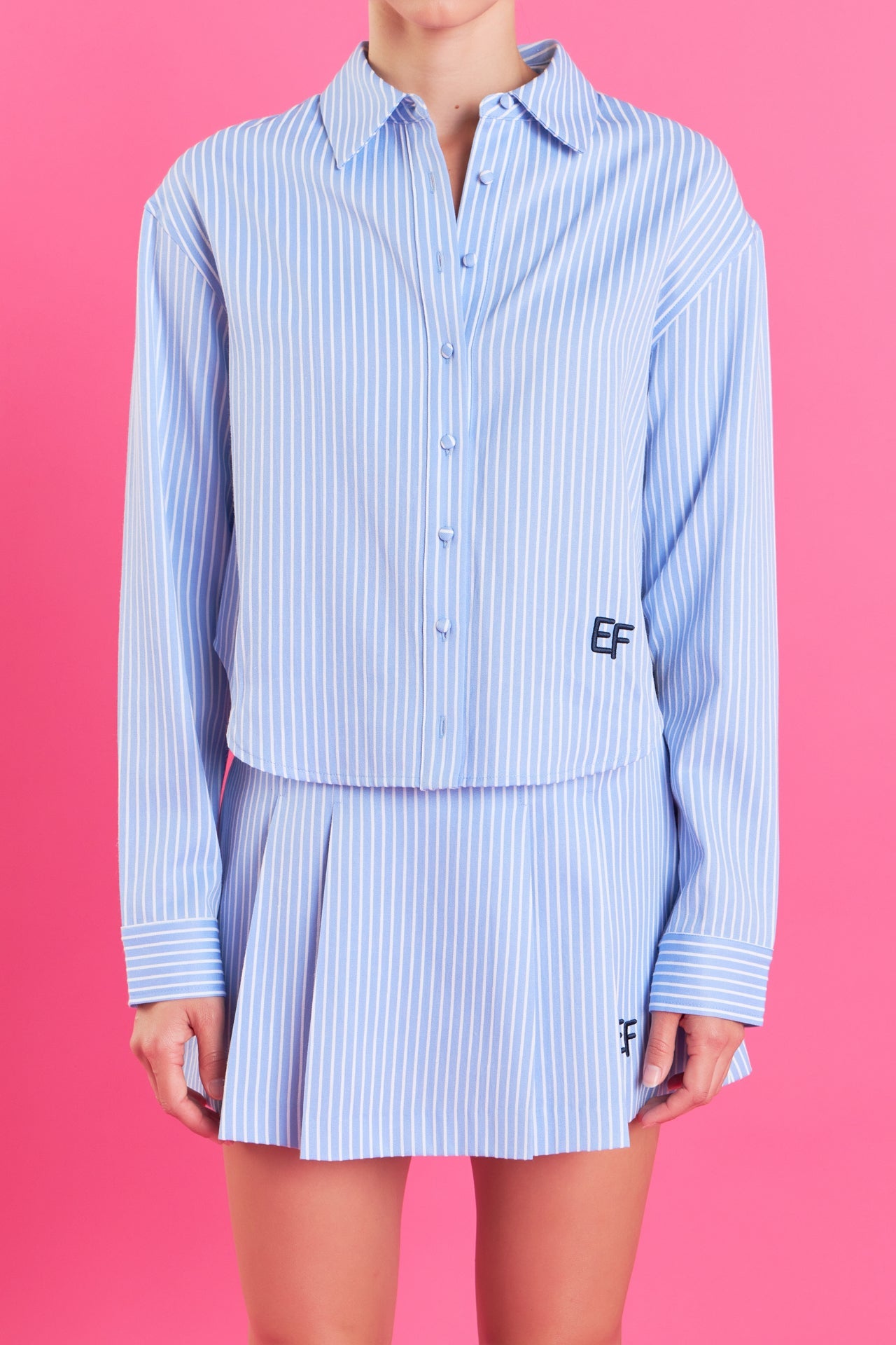 ENGLISH FACTORY - Embroidered Logo White Stripe Button Front Shirt - TOPS available at Objectrare