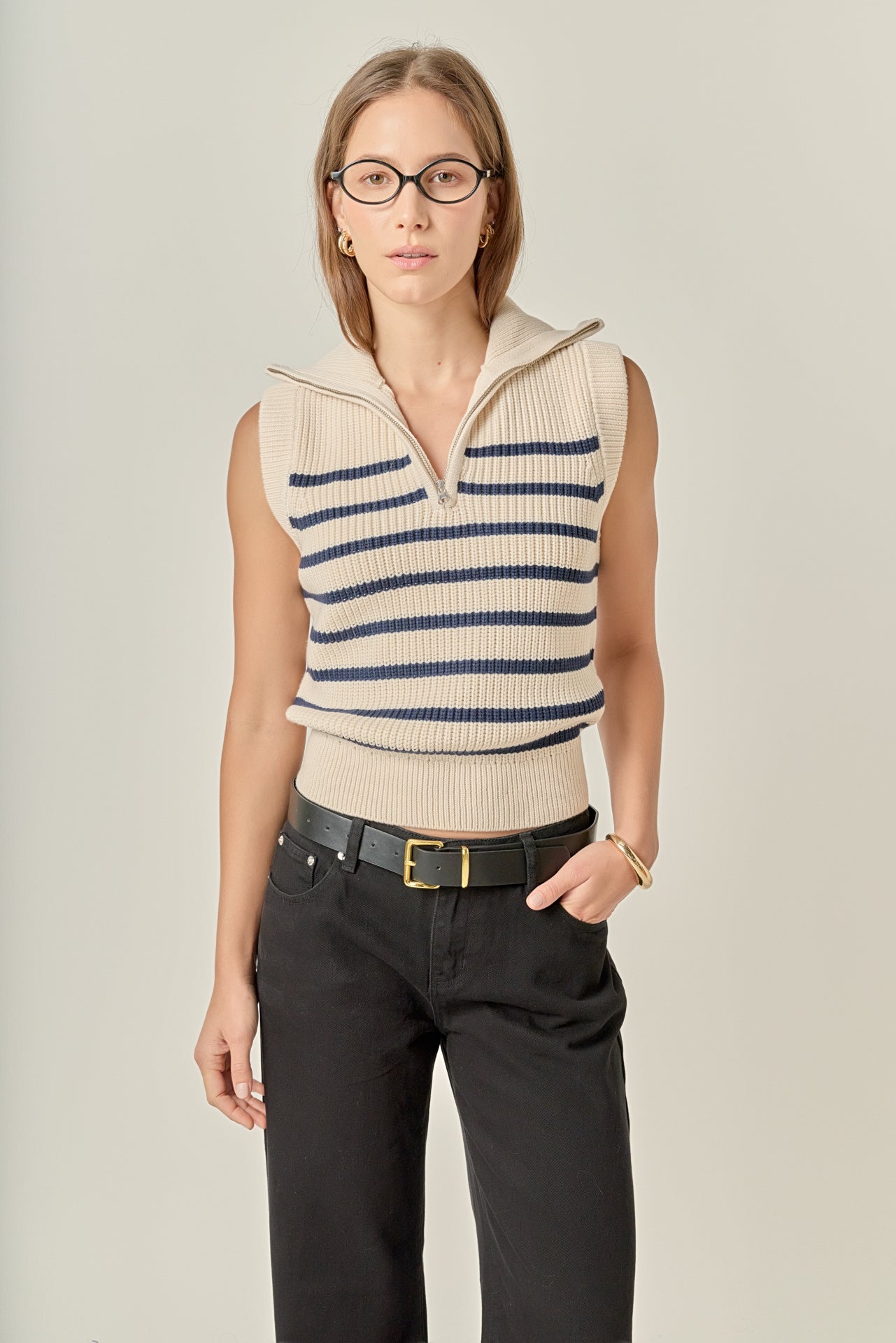 ENGLISH FACTORY - Stripe Half Zip Up Sleeveless Knit Top - TANK TOPS available at Objectrare