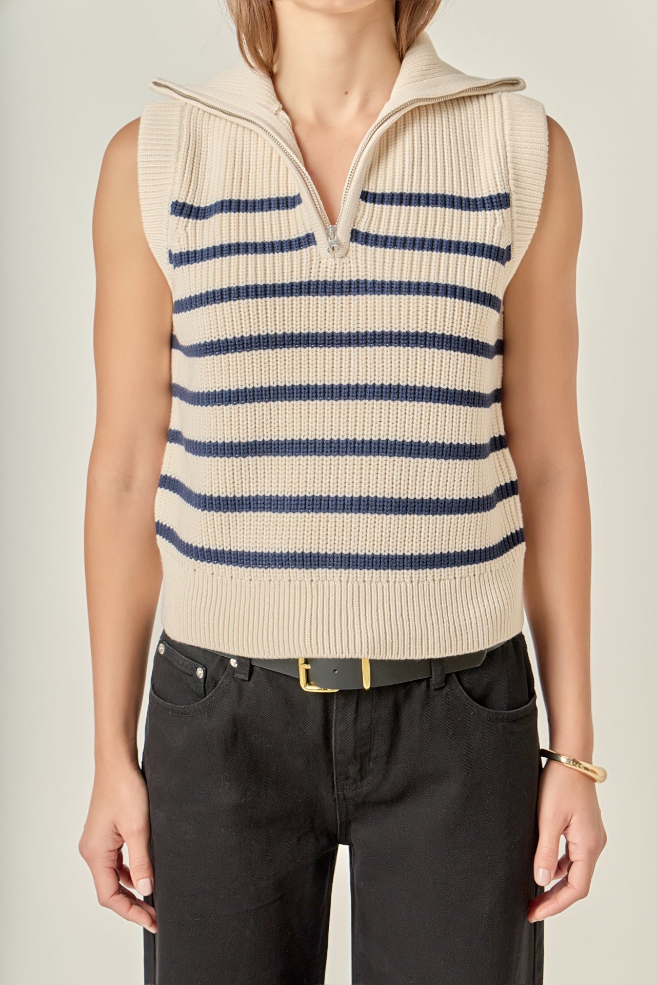 ENGLISH FACTORY - Stripe Half Zip Up Sleeveless Knit Top - TANK TOPS available at Objectrare