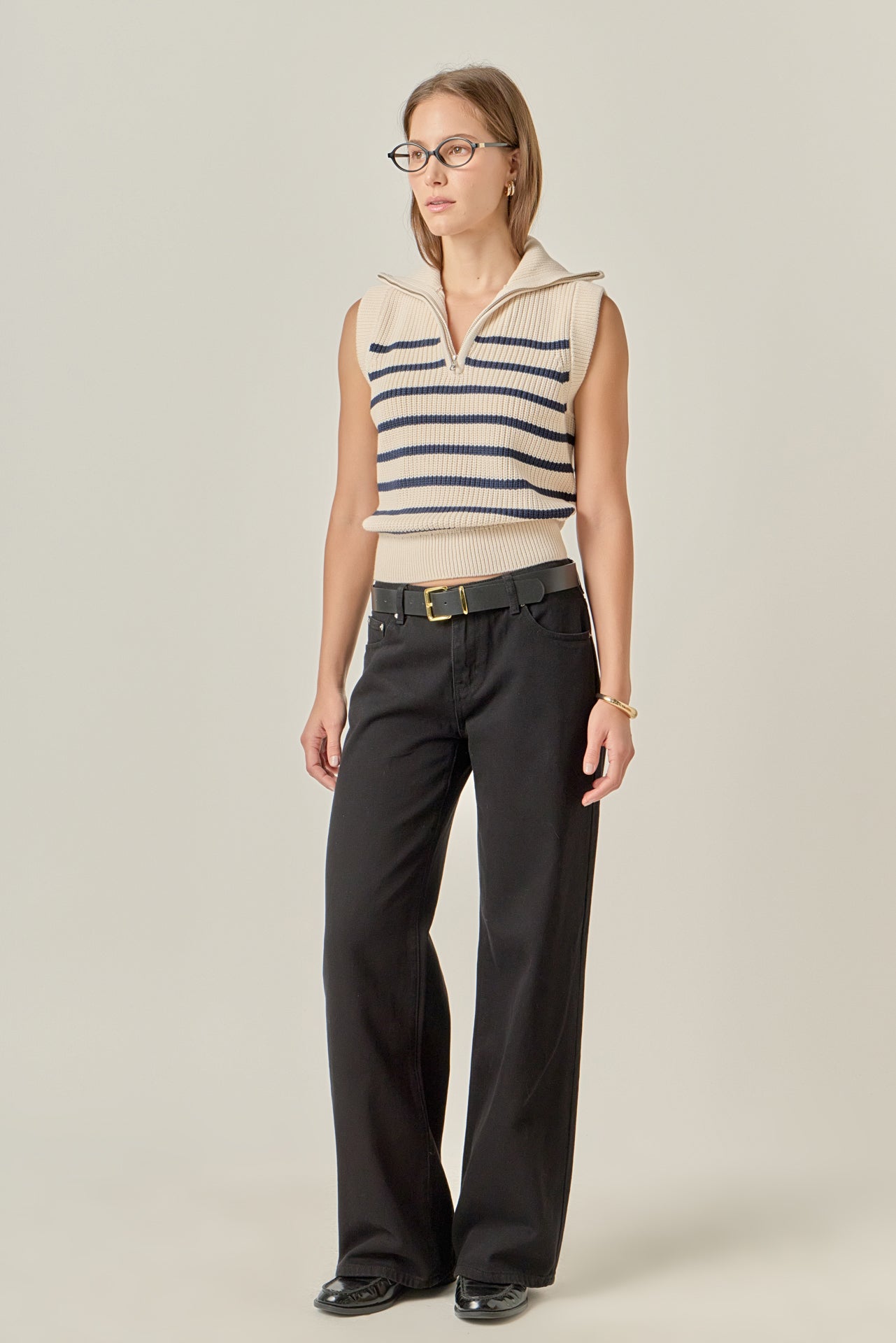 ENGLISH FACTORY - Stripe Half Zip Up Sleeveless Knit Top - TANK TOPS available at Objectrare