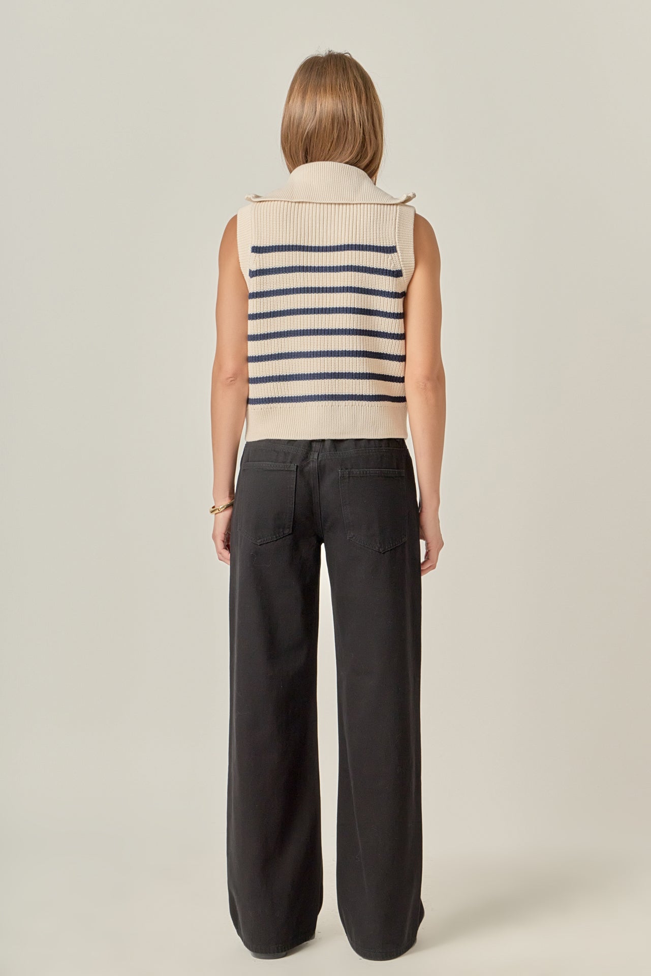 ENGLISH FACTORY - Stripe Half Zip Up Sleeveless Knit Top - TANK TOPS available at Objectrare