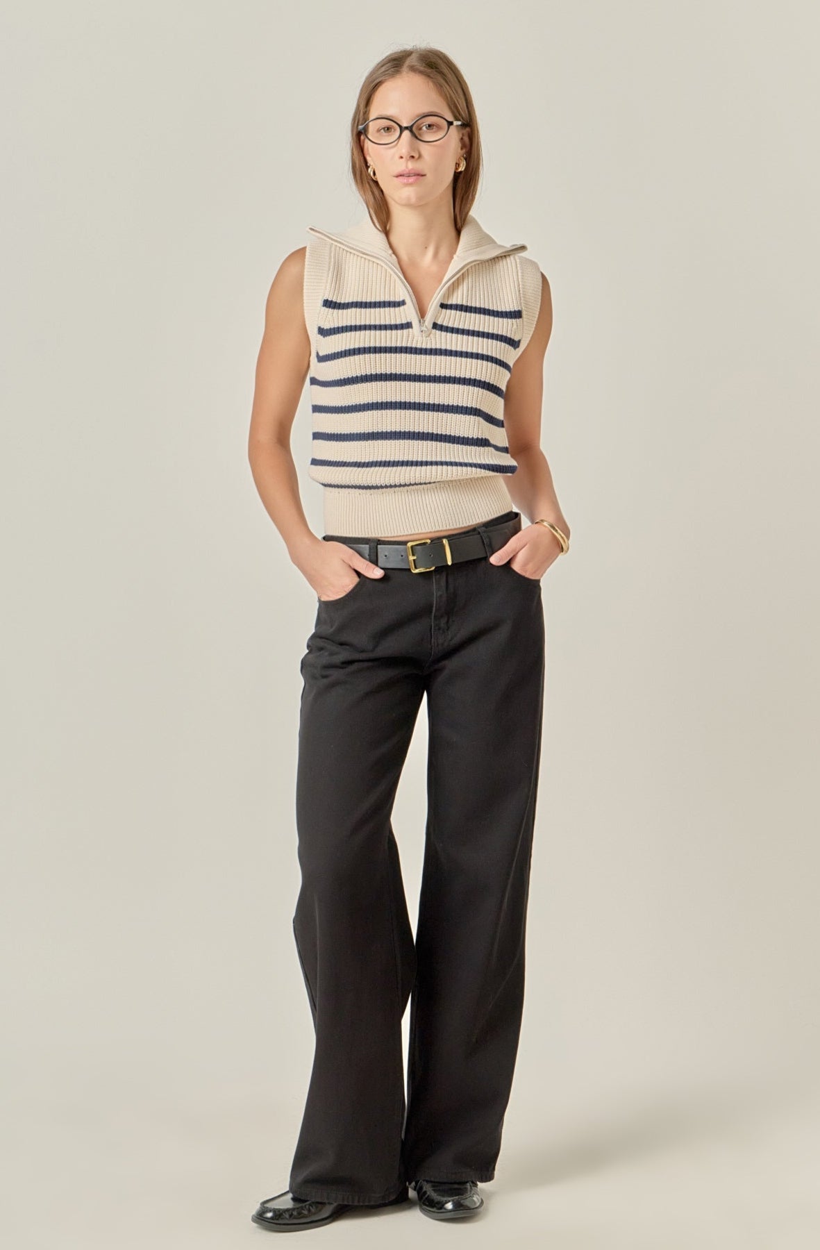 ENGLISH FACTORY - Stripe Half Zip Up Sleeveless Knit Top - TANK TOPS available at Objectrare