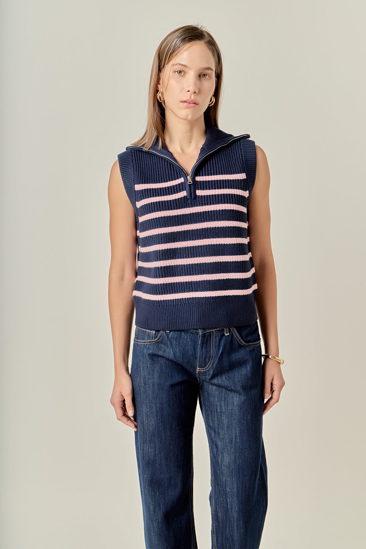 ENGLISH FACTORY - Stripe Half Zip Up Sleeveless Knit Top - TANK TOPS available at Objectrare