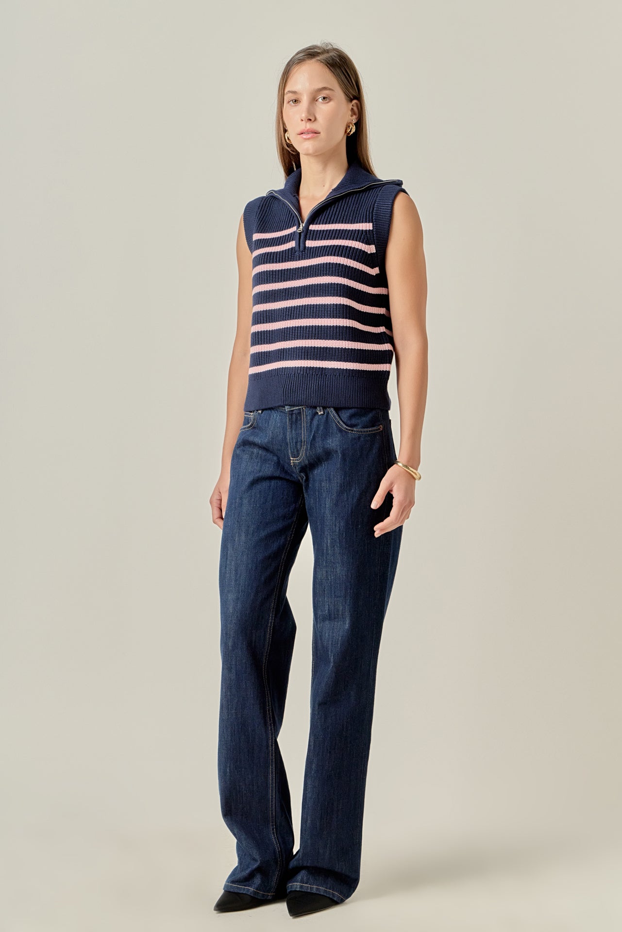 ENGLISH FACTORY - Stripe Half Zip Up Sleeveless Knit Top - TANK TOPS available at Objectrare
