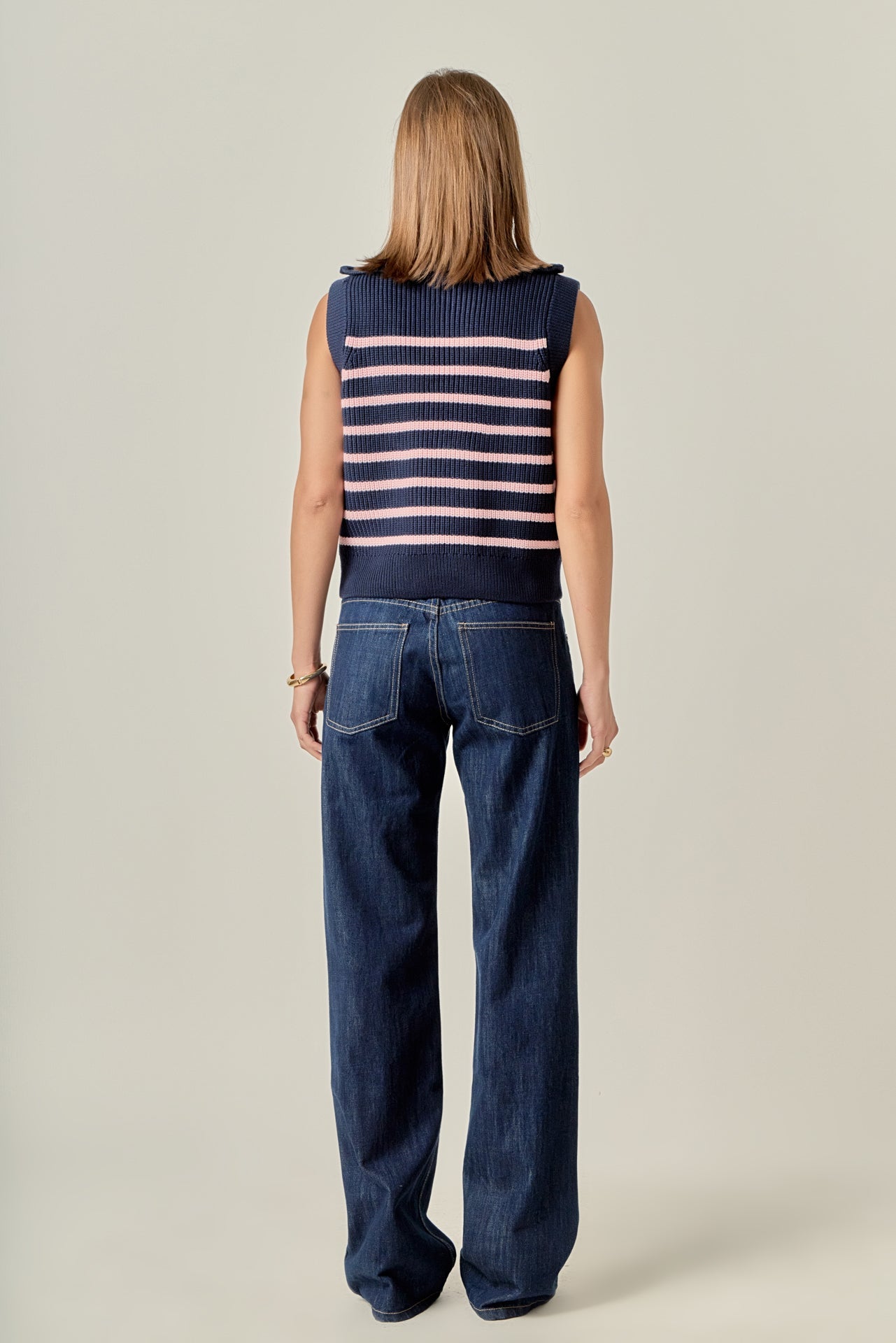 ENGLISH FACTORY - Stripe Half Zip Up Sleeveless Knit Top - TANK TOPS available at Objectrare